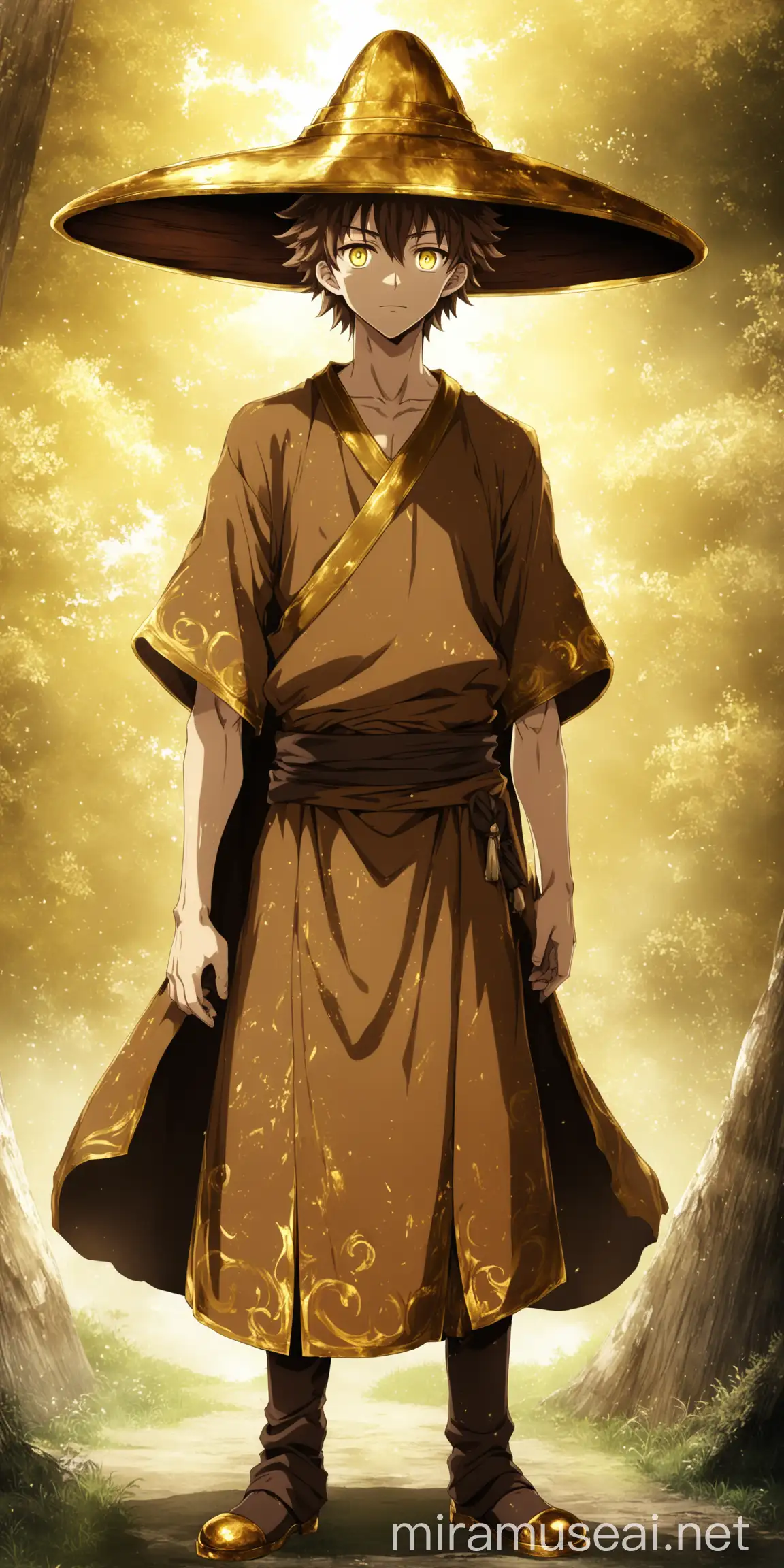 Anime Man in Brown Tunic with Golden Patina and Wood Hat