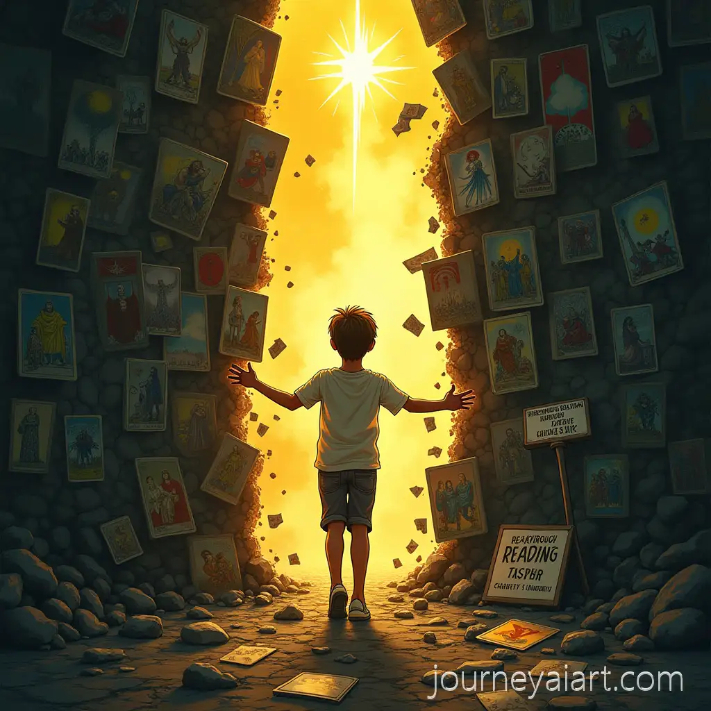 Young-Hands-Pushing-Through-Shattered-Tarot-Cards-with-Burst-of-Golden-Light-and-Hopeful-Breakthrough