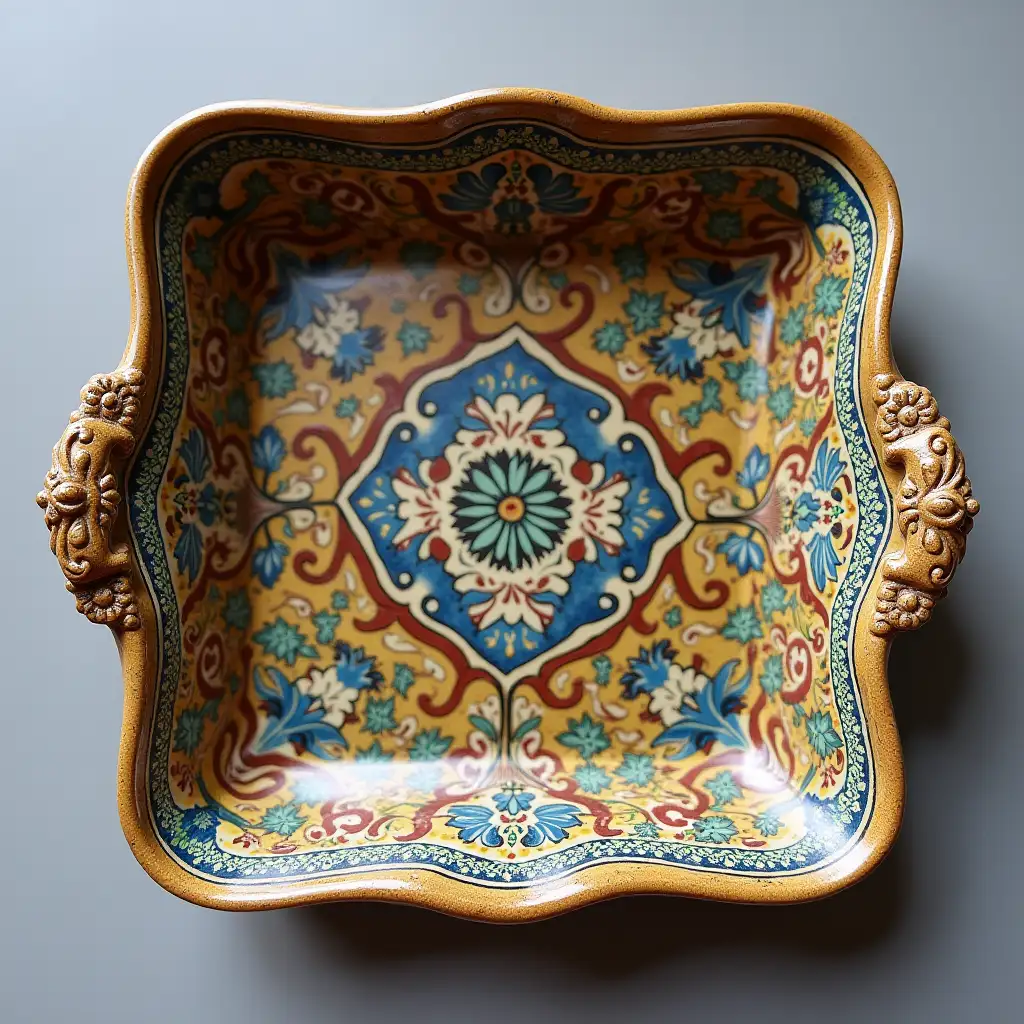 Square with rounded corners ceramic serving dish with embossed beautiful handle, antique and old, Qajar art, Iranian Tabriz carpet design