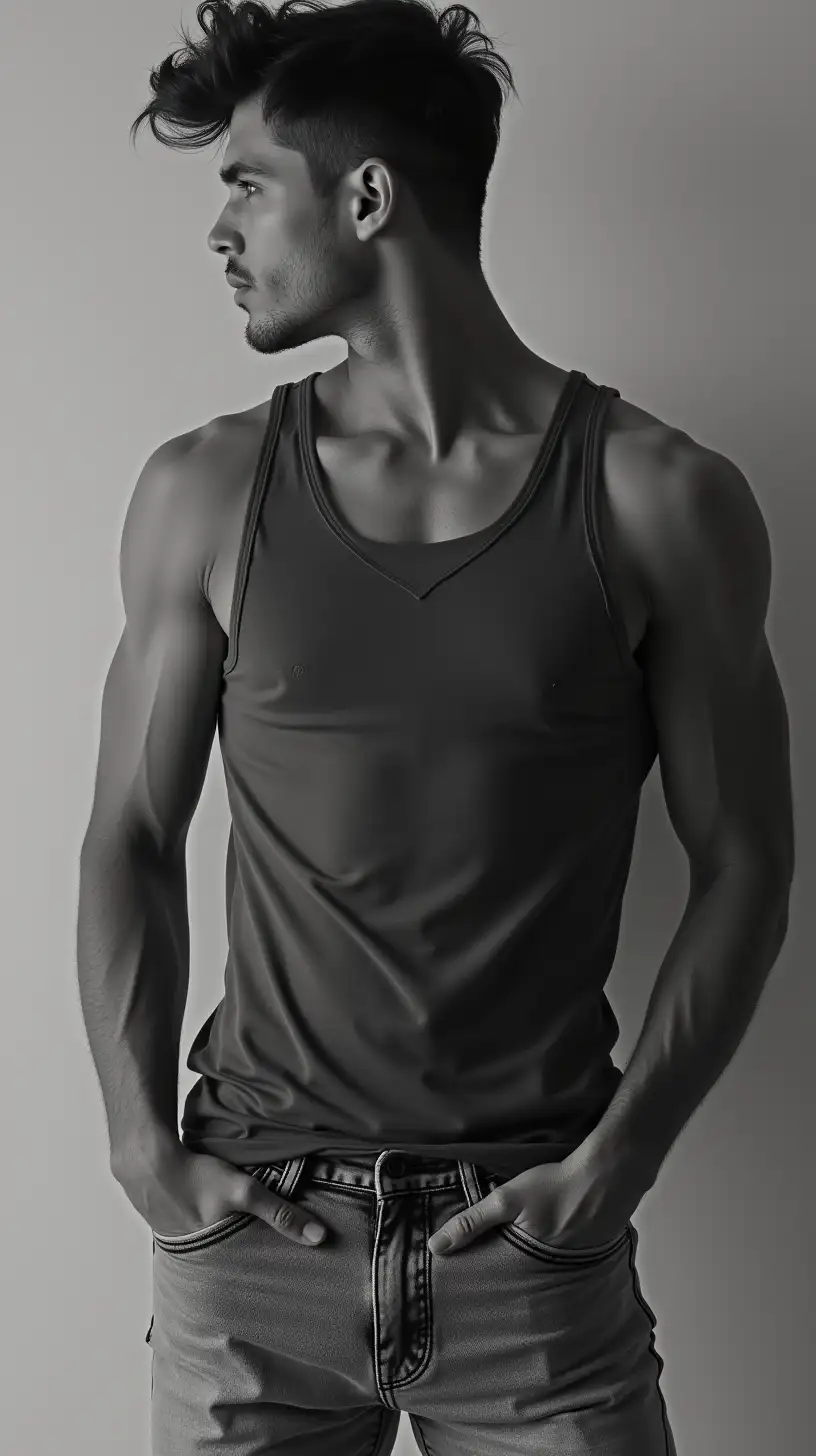 Young Man in Calvin Klein Jeans HyperRealistic Black and White Full Body Modeling Photoshoot