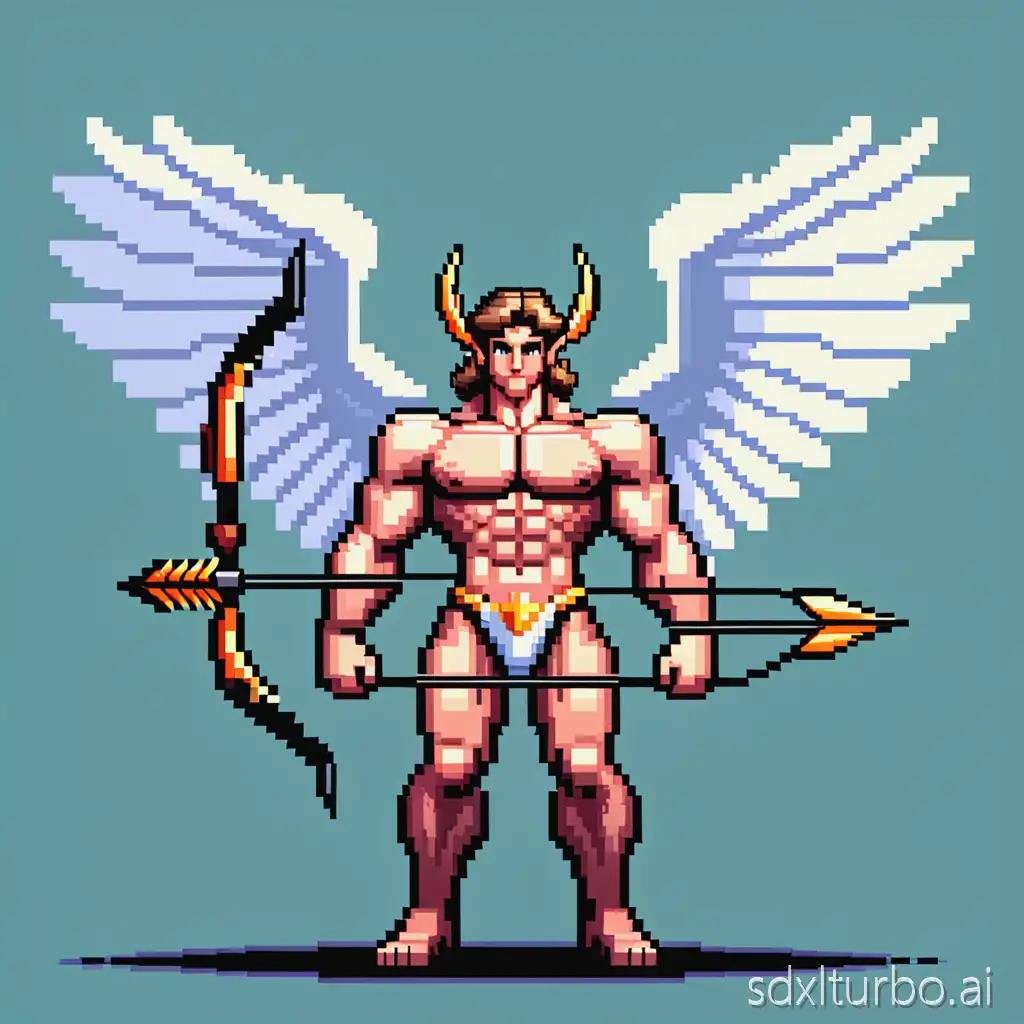 pixel art of a stronger angel with larger wings, muscular body, holding a bigger bow and arrow, 16-bit retro RPG style, facing forward, game sprite
