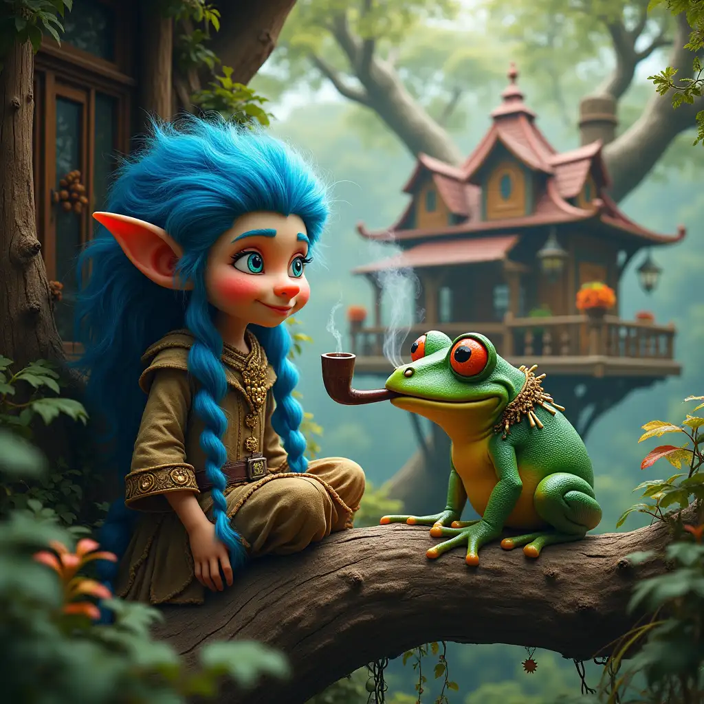 Ultra detailed hyperrealistic portrait of a troll with blue braids sits on the veranda with a frog king with a smoking pipe in his mouth a dreamy big treehouse on a big branch with intricately detailed, colorful plants in the background wide angle lens