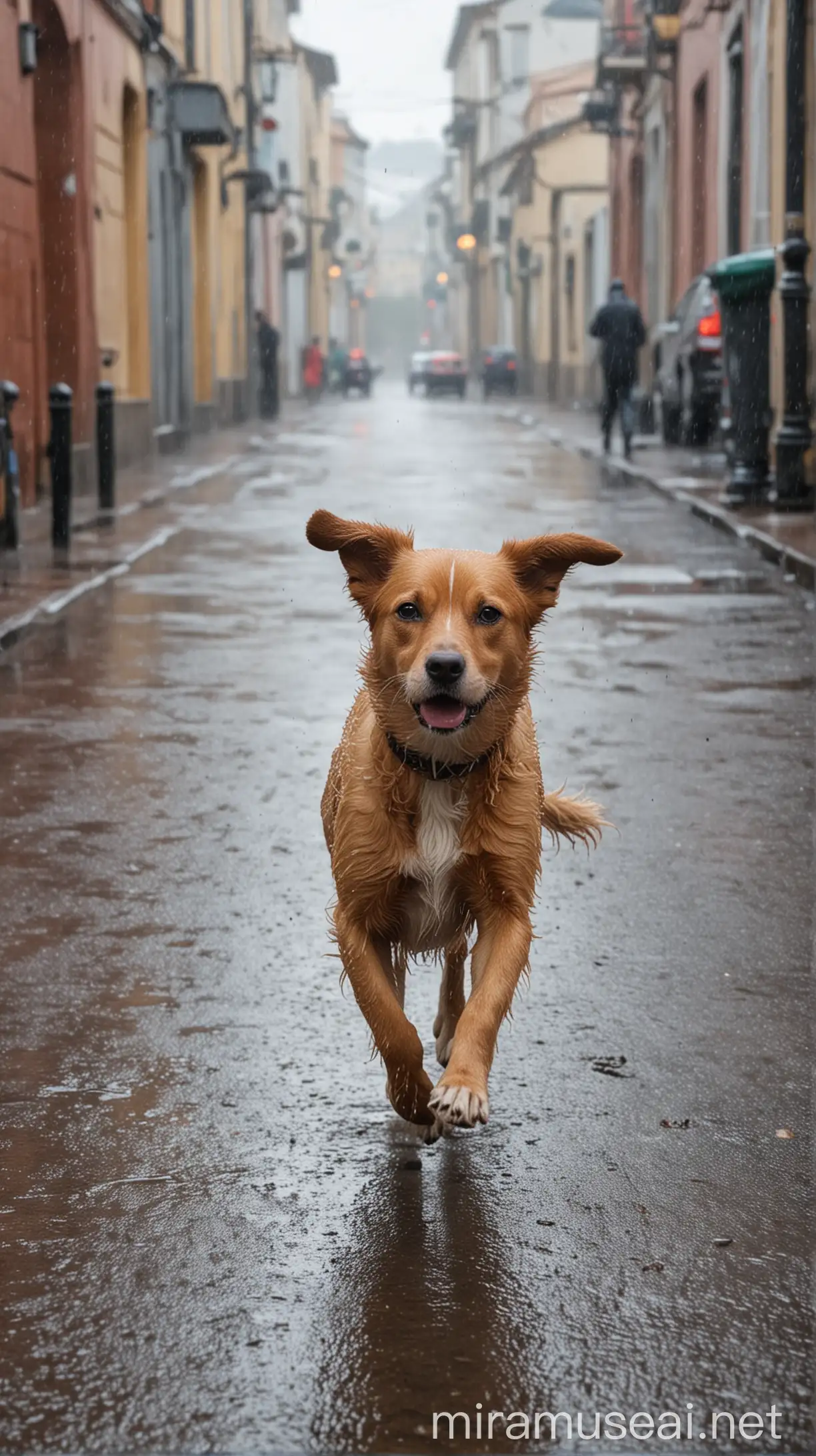 Dog Running in Heavy Rain Street Scene