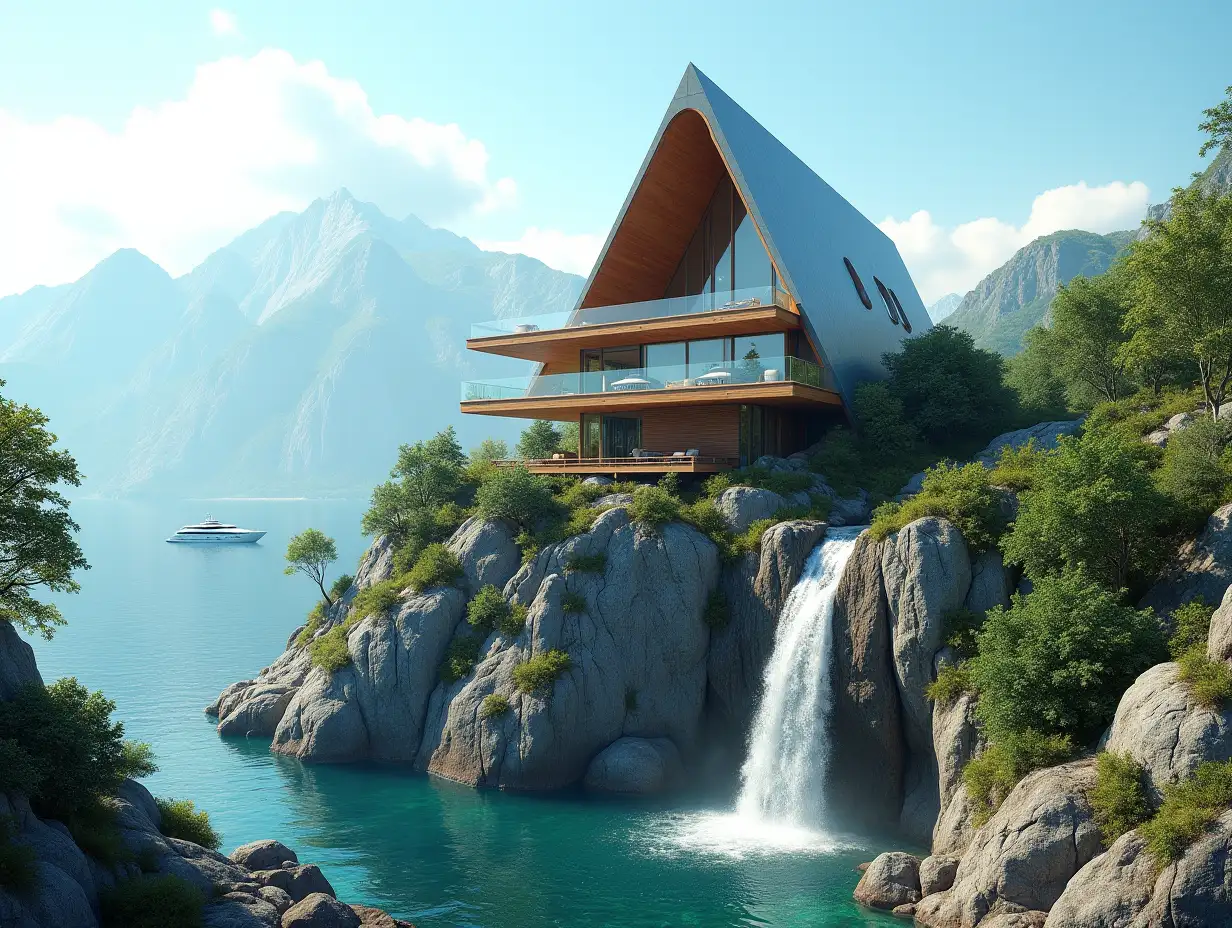 A futuristic multi-story house made of much glass, triangular and wood lies on the mountain peak, many plants, waterfall, trees, blue sky, bright environment, mountains, clear water and a yacht in the background, vibrant 8k quality 180 degree shots