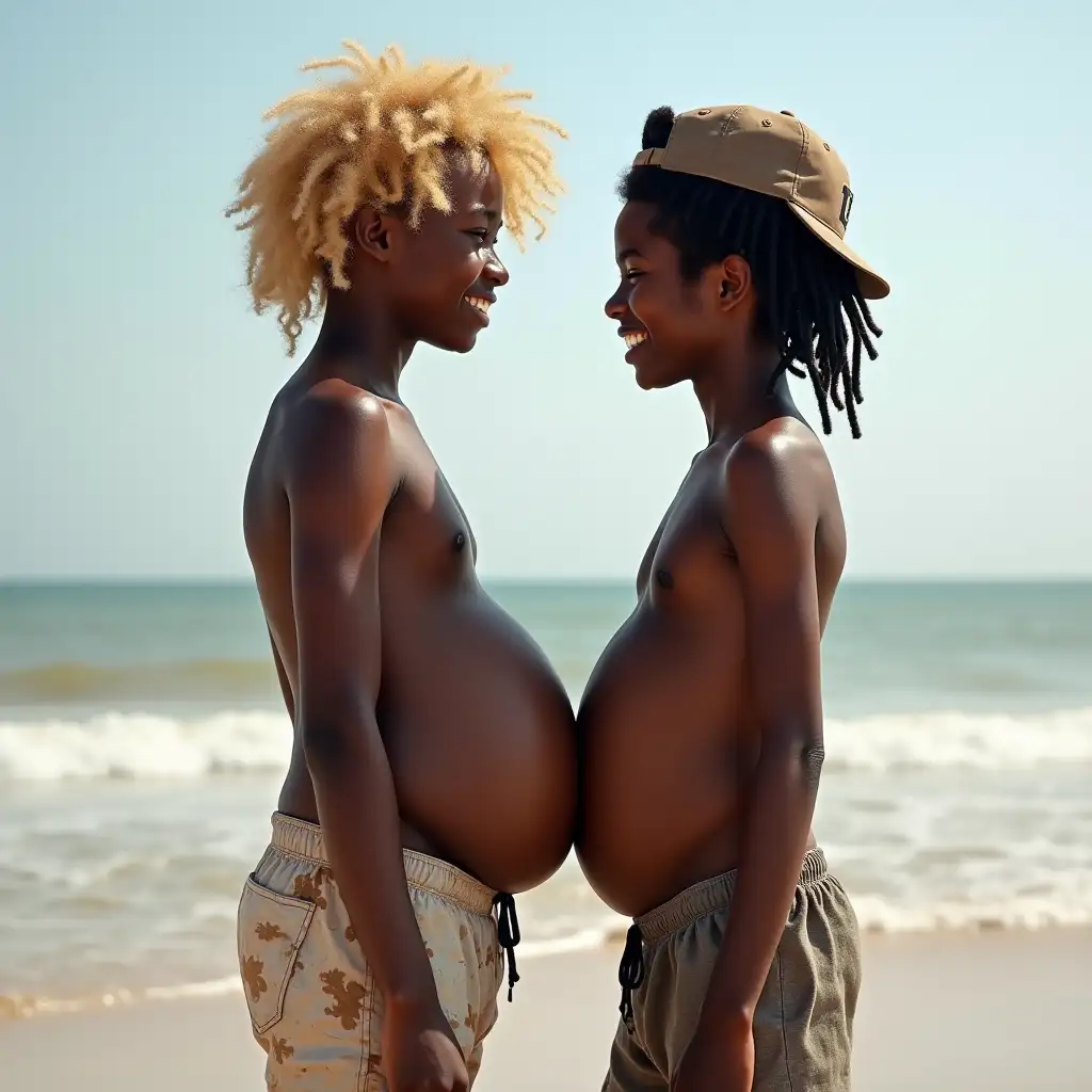 Two-Happy-Boys-with-Huge-Bloated-Bellies-at-the-Beach-Smiling-and-Playing