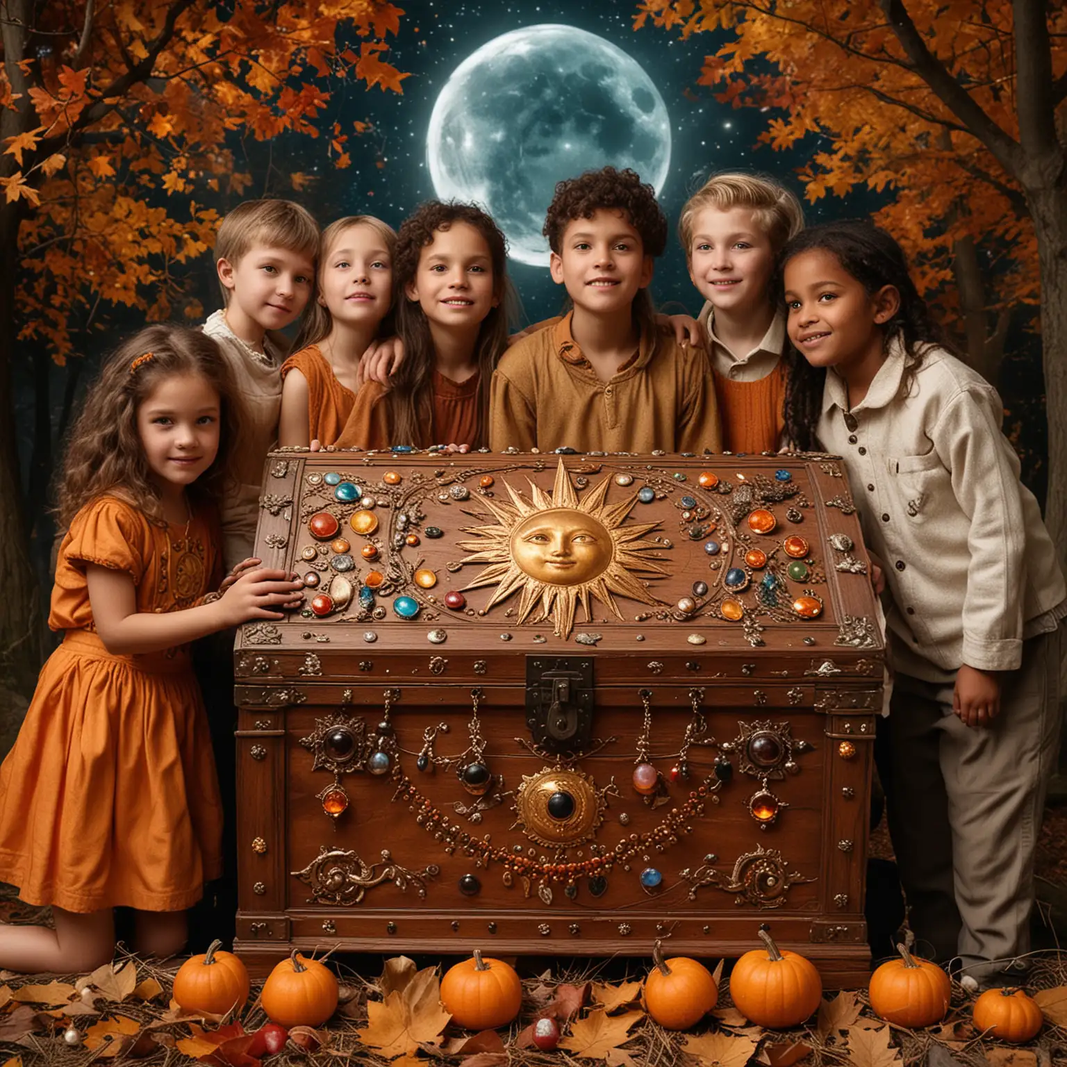 Diverse Children with Celestial Autumn Equinox Jeweled Treasure Chest