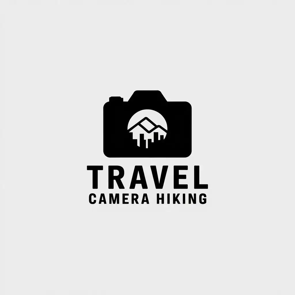 a vector logo design,with the text "travel camera hiking", main symbol:city or mountain,Minimalistic,be used in Travel industry,clear background