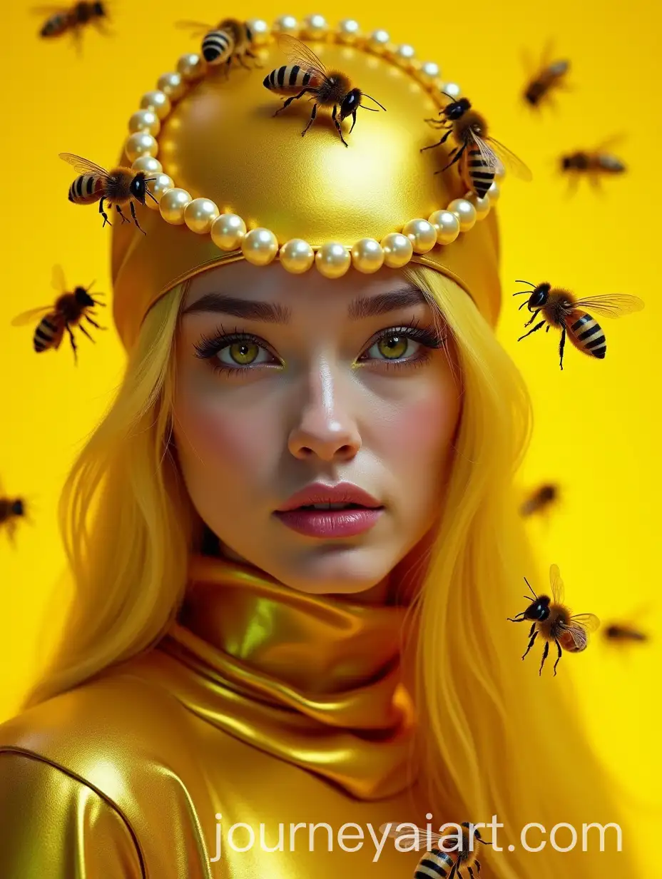 AvantGarde-High-Fashion-Model-with-Pearl-Balaclava-and-Metallic-Gold-Costume-Surrounded-by-Bees