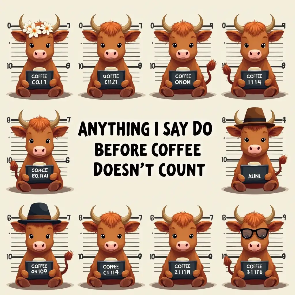 Vector. eight adorable Highland cattle calves in mugshots, featuring the word 'Anything I Say Or Do Before Coffee Doesn't Count' in bold, centered above eight adorable Highland. The calves are wearing different accessories, such as flowers, hats, and glasses, while holding coffee in hand. The background is a wall used to take pictures of criminals. Cartoon-style.