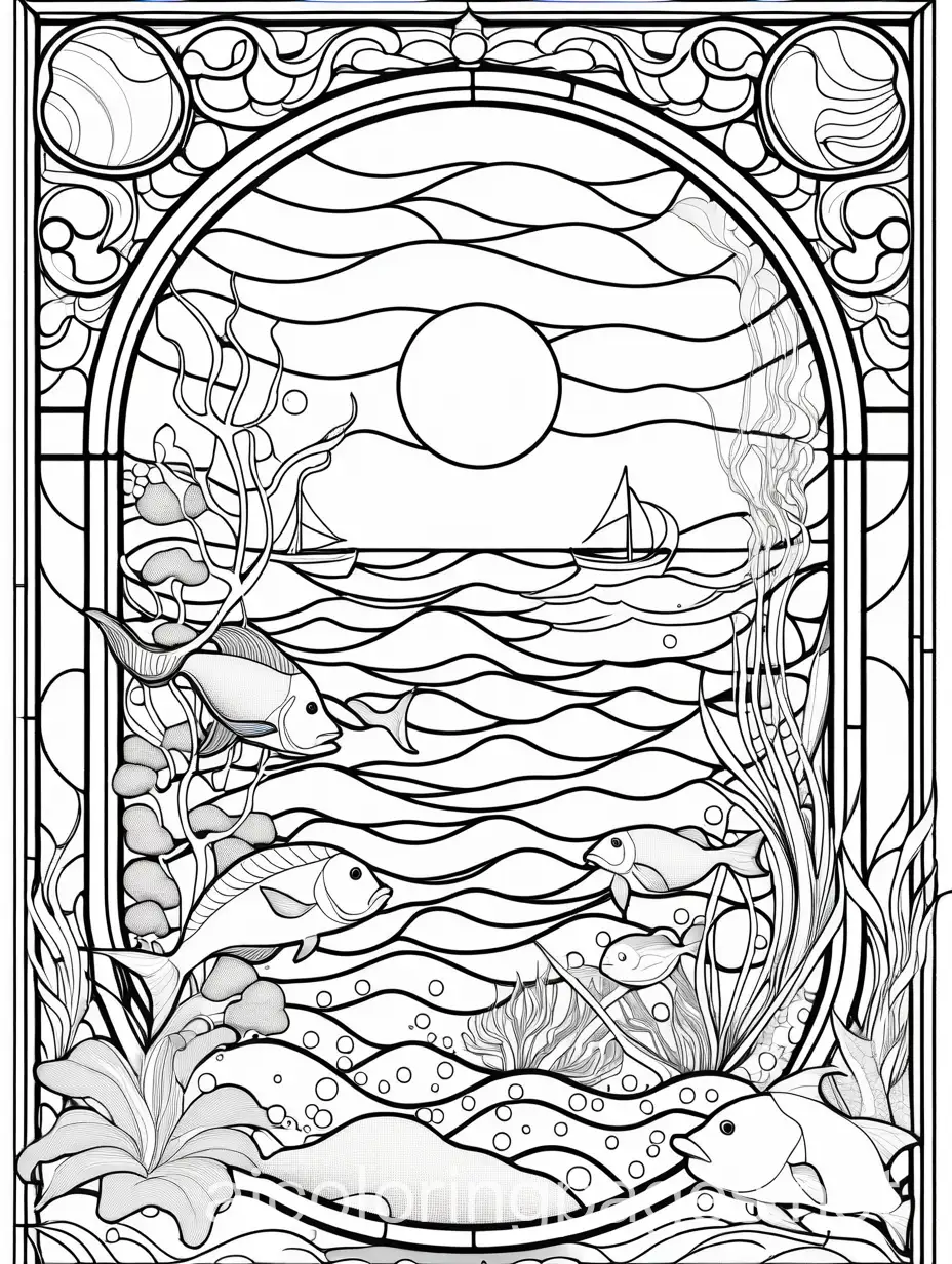 A elaborate and colorful stained glass with sea creatures in bottom of sea. Colors are uniform, without gradients. Not, Coloring Page, black and white, line art, white background, Simplicity, Ample White Space. The background of the coloring page is plain white to make it easy for young children to color within the lines. The outlines of all the subjects are easy to distinguish, making it simple for kids to color without too much difficulty