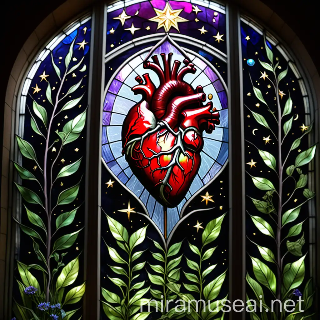 Vibrant Stained Glass Heart with Celestial Sky and Lush Greenery