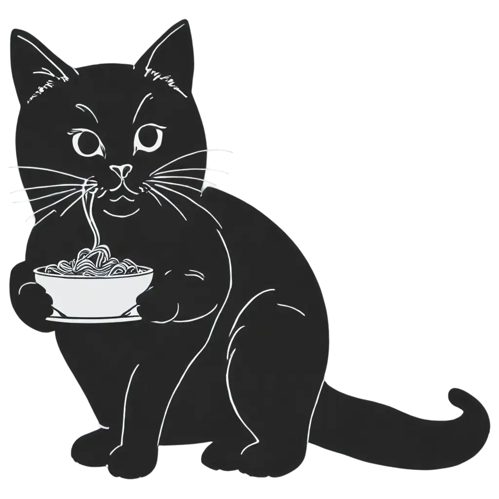 HighQuality-PNG-Image-Black-and-White-Drawing-of-a-Cat-Sipping-Pasta