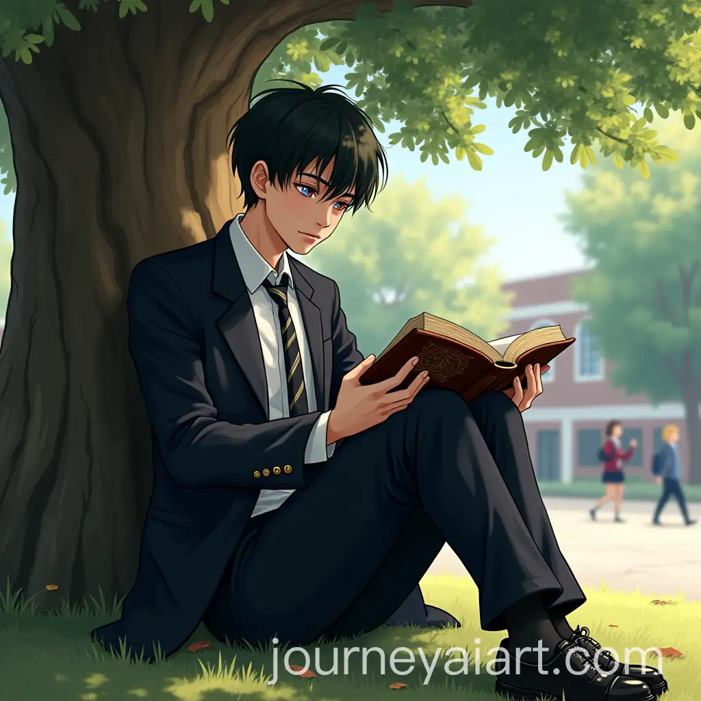 Teenage-Student-with-Heterochromatic-Eyes-Reading-Under-a-Tree-on-School-Campus