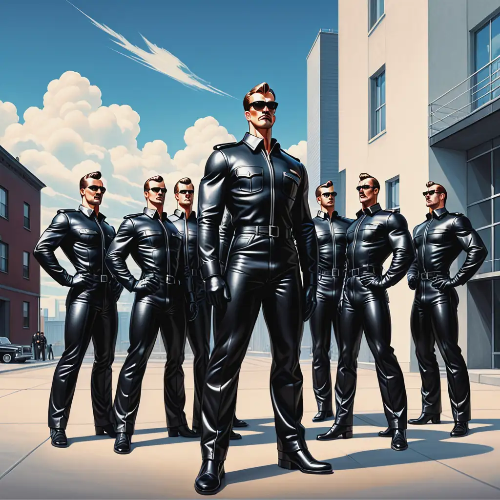 a group of men in black leather uniforms standing next to each other in front of a building with a sky background, Benjamin Marra, antipodeans, tom of finland, concept art