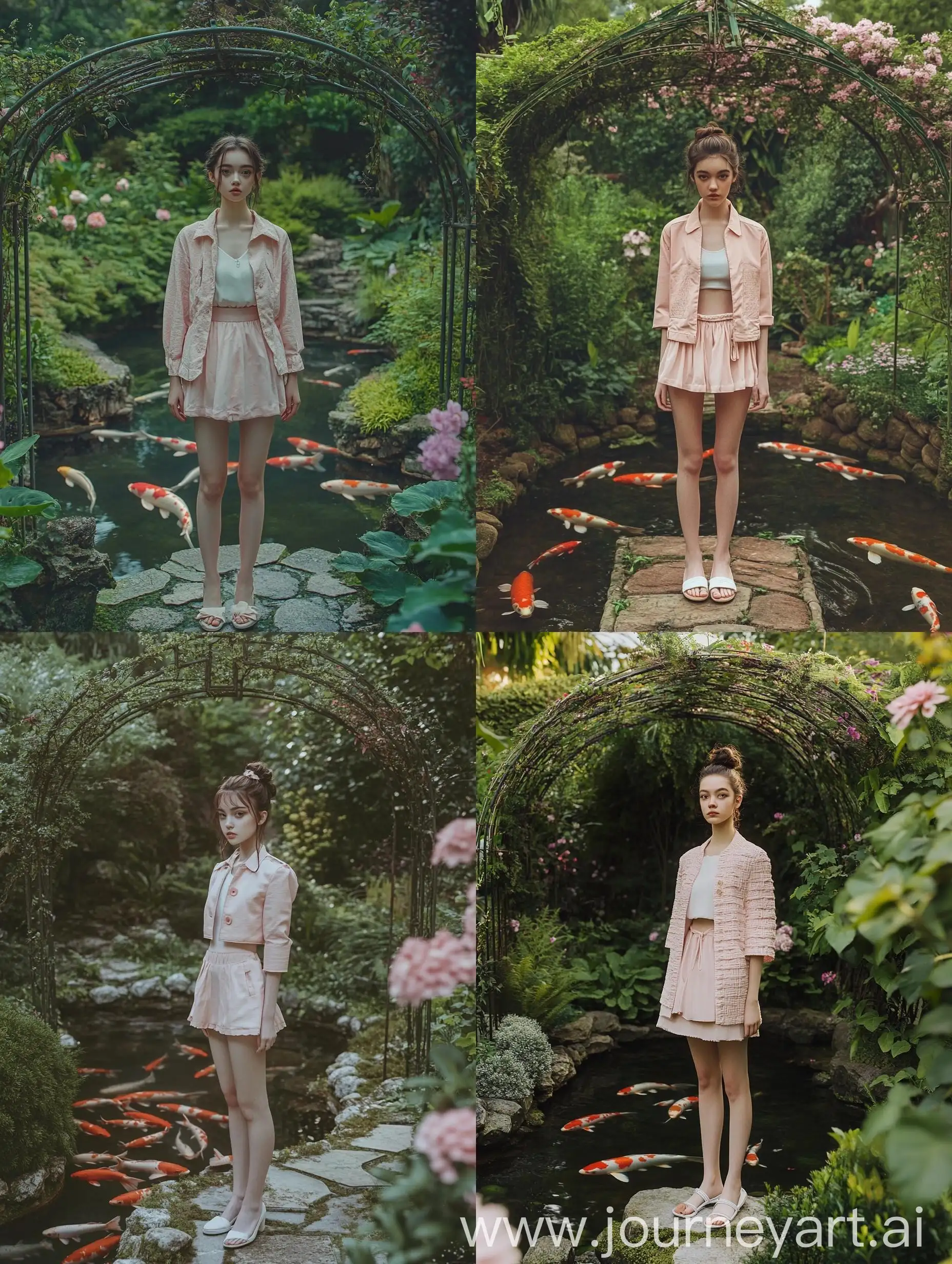 Young-Woman-in-Pink-Outfit-Standing-on-Stone-Path-by-Koi-Pond-in-Lush-Garden