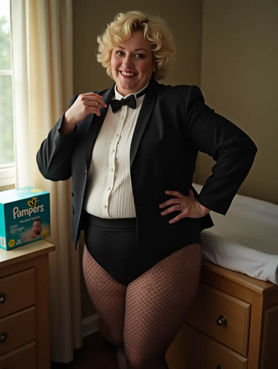 MiddleAged-Woman-in-Formal-Orchestra-Tuxedo-with-Changing-Table-and-Pampers-Diapers