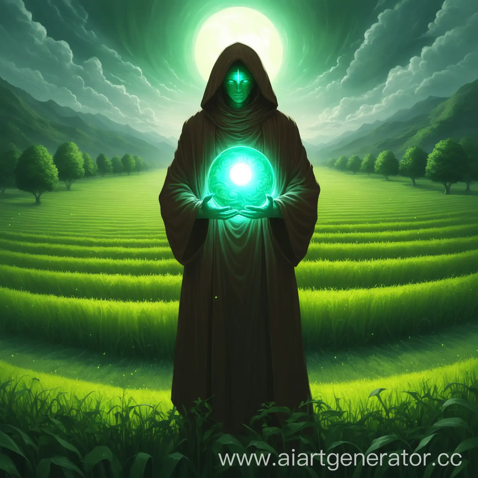 Monk-Holding-Glowing-Health-Ball-in-Greenery-and-Fields