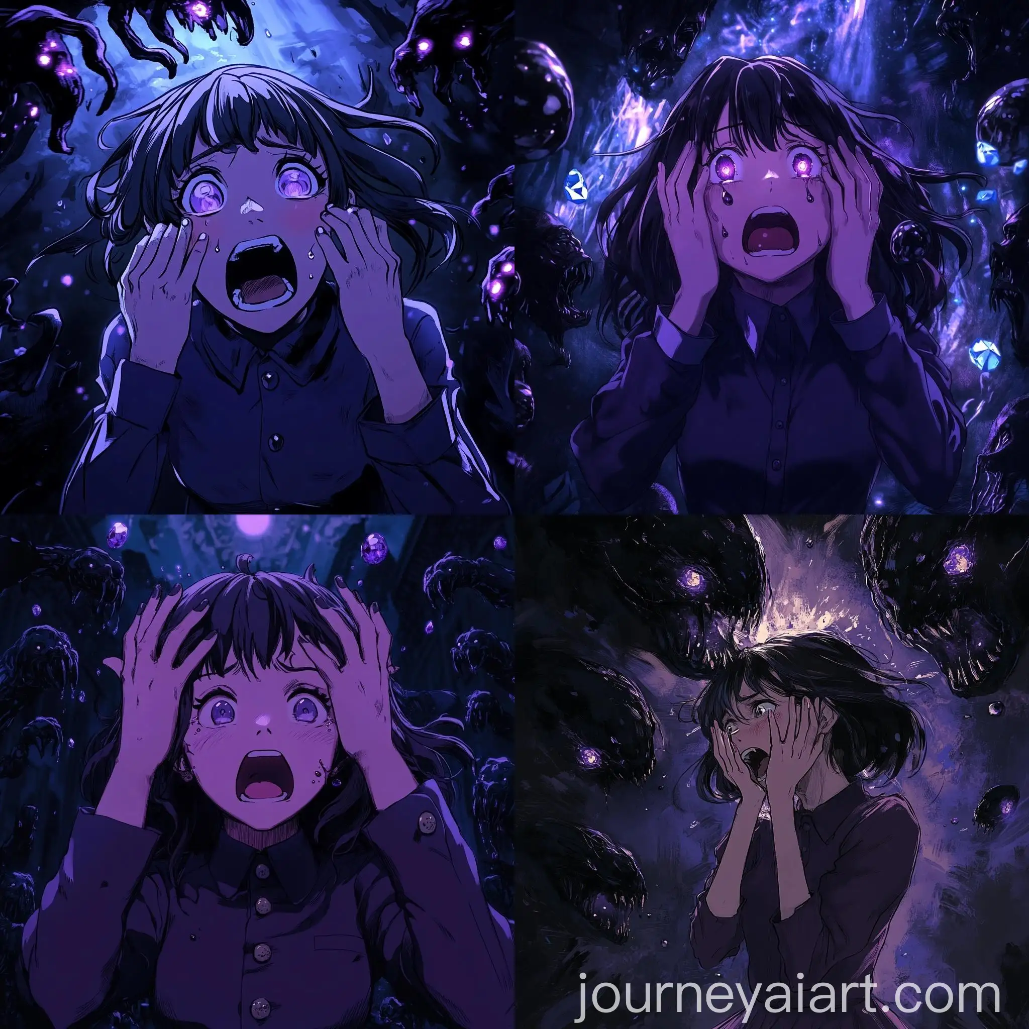 Dark-Purple-Uniform-Girl-Screaming-with-Mysterious-Creatures-and-Sparkling-Jewels