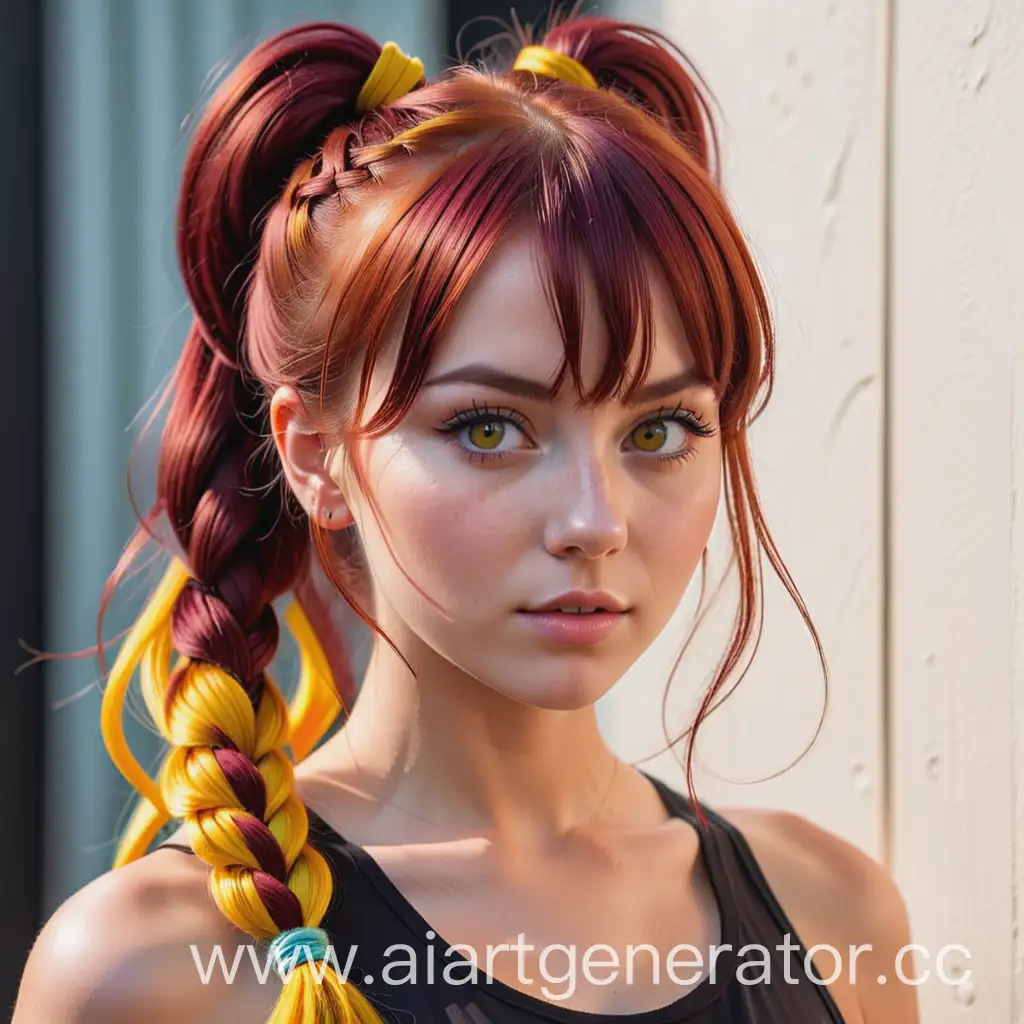 Young girl, woman, 23 years old. Red burgundy hair with yellow bangs. Light, slightly tanned skin. Black wide eyes. Her hair is braided into a high, loose ponytail, slightly disheveled.