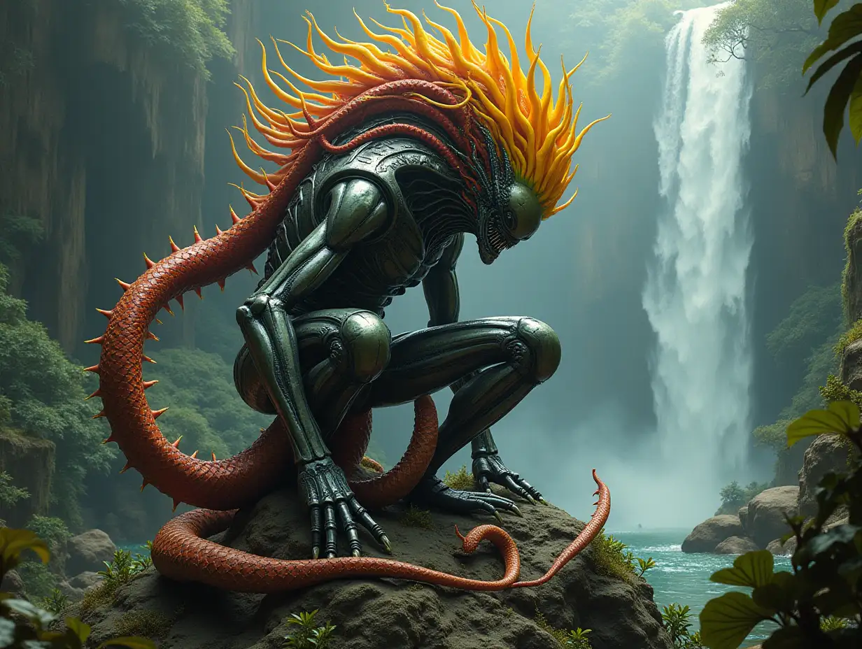 Hyperrealistic portrait of a 15 meter tall Metal Alien King with yellow and red hair on a rock with thorn plants with various  giant alien snakes with intricate, colorful details with Rainforest, Waterfall,sea giant plants background