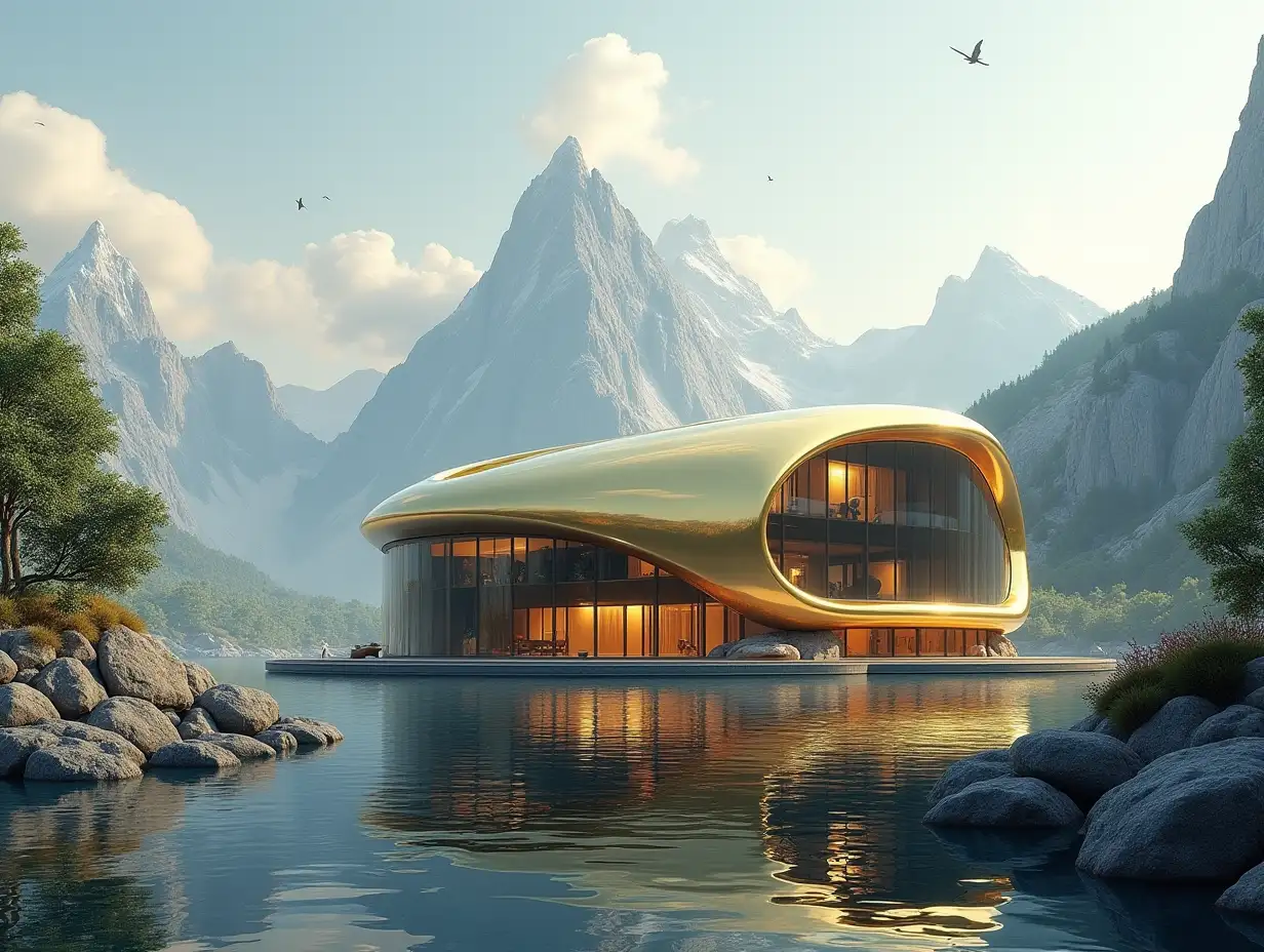 Create a high-resolution realistic image in 4k resolution, a futuristic gold building with black curves, mountains, big trees, rocks, flowers, a futuristic glass boat with glass windows, a cloudy sky