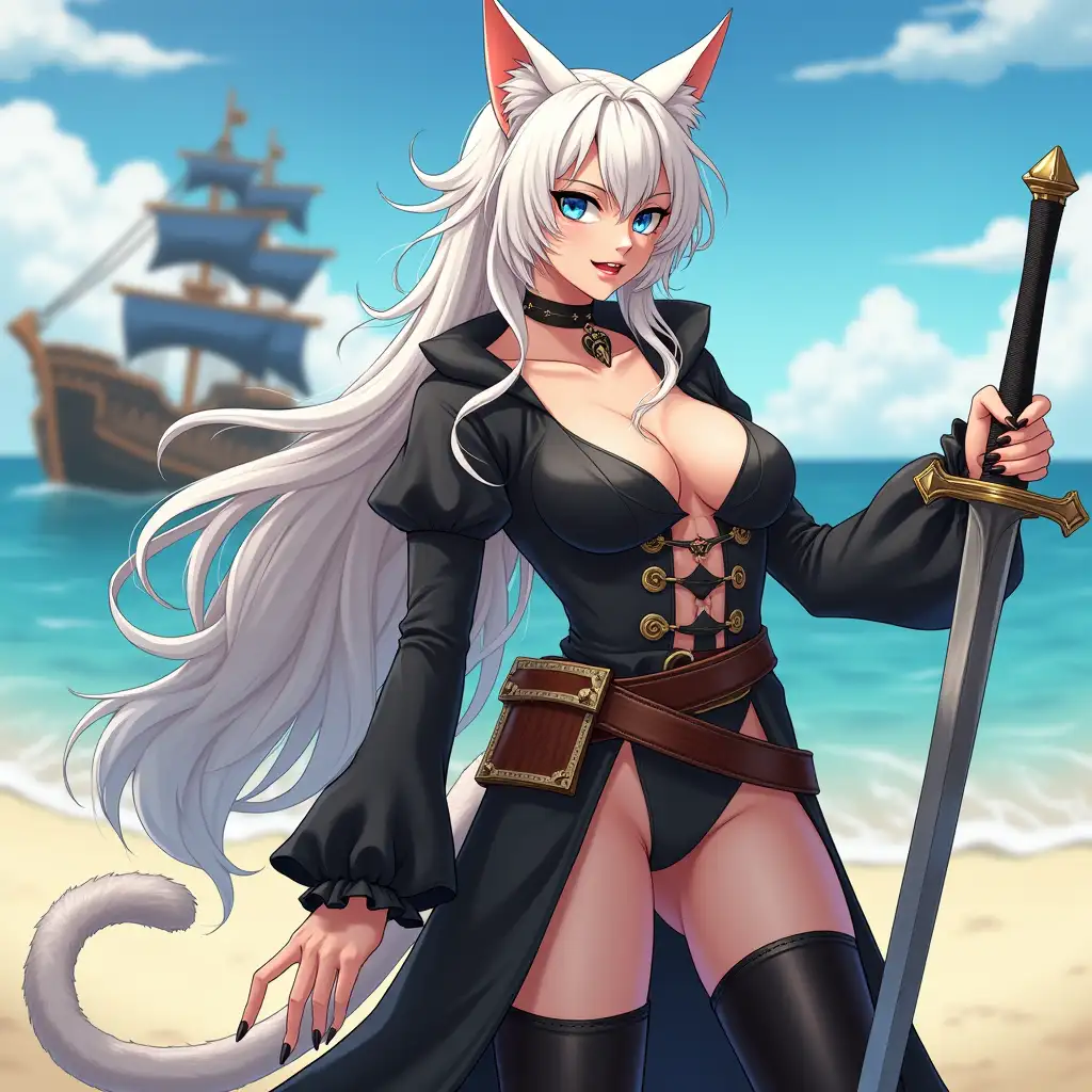 A mature adult feline/woman dressed as a pirate with a sword on a beach.  A pirate ship in the background. Her 30-something years are disguised by her youthful facial features, except for her subtle wrinkles around the eyes, extremely slender body. Her ample bosom strains against her clothing, threatening to burst free from the fabric, extreme cleavage.  Wearing black thigh high pirate boots. She has piercing blue cat eyes. A choker adorns her neck, a subtle hint at her feline nature. Her long, white hair cascades down her back like a wild waterfall, tangled and disheveled. Her cat-like teeth glint in the light, as her white fur-lined ears punctuate her visage with sparkling black and gold earring adorns each ear, adding a touch of elegance to her feline features. Cat whiskers on her face. The attached tail at the base of her spine stirs lazily.  Long fingernails. Full body view. Anime.