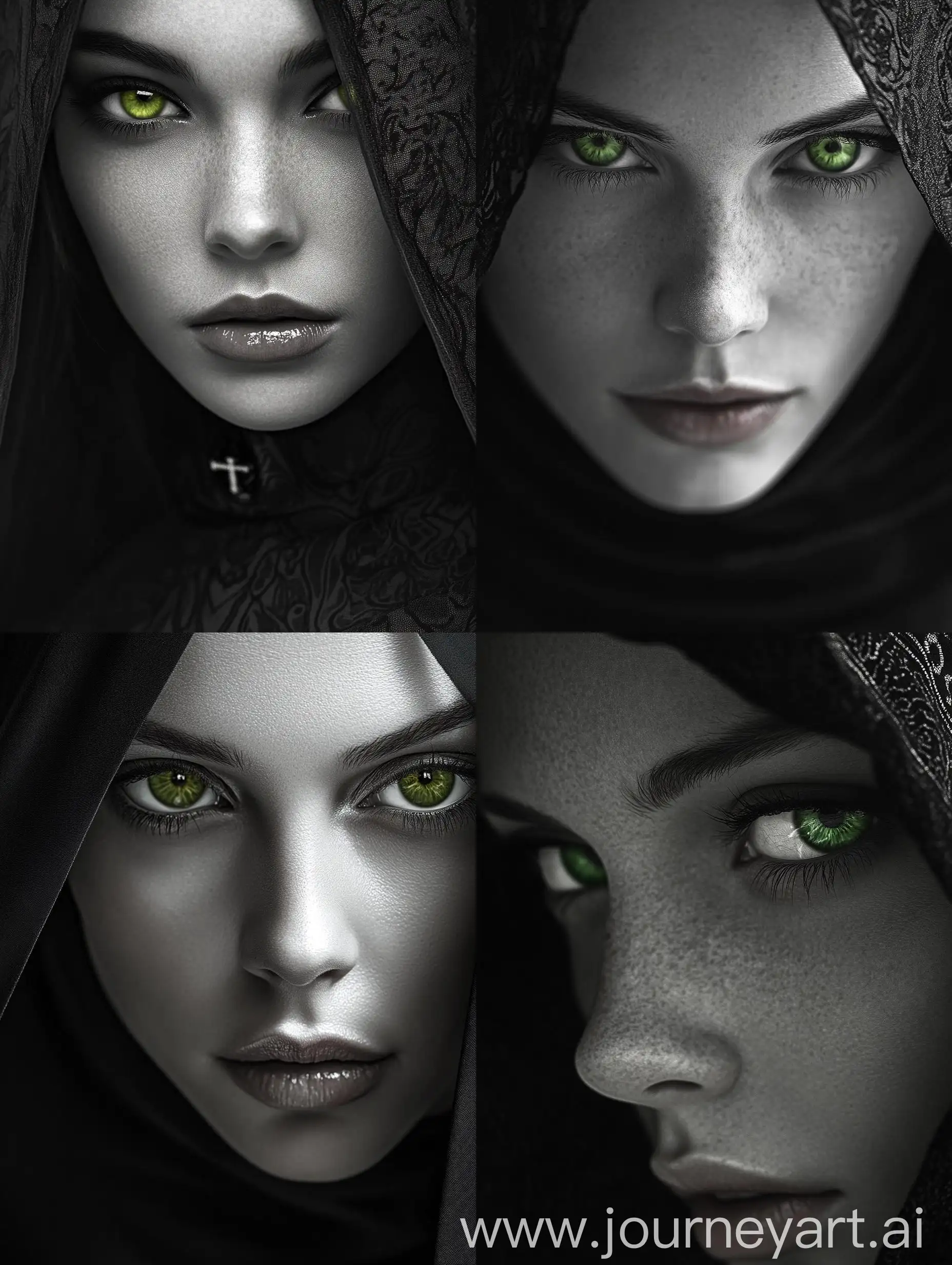 Vorticist-Patterned-Priestess-with-Green-Eyes-in-Dramatic-Monochrome