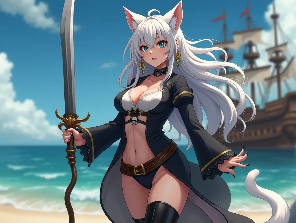 A mature adult feline/woman dressed as a pirate with a sword on a beach.  A pirate ship in the background. Her 30-something years are disguised by her youthful facial features, except for her subtle wrinkles around the eyes, extremely slender body. Her ample bosom strains against her clothing, threatening to burst free from the fabric, extreme cleavage.  Wearing black thigh high pirate boots. She has piercing blue cat eyes. A choker adorns her neck, a subtle hint at her feline nature. Her long, white hair cascades down her back like a wild waterfall, tangled and disheveled. Her cat-like teeth glint in the light, as her white fur-lined ears punctuate her visage with sparkling black and gold earring adorns each ear, adding a touch of elegance to her feline features. Cat whiskers on her face. The attached tail at the base of her spine stirs lazily.  Long fingernails. Full body view. Anime.