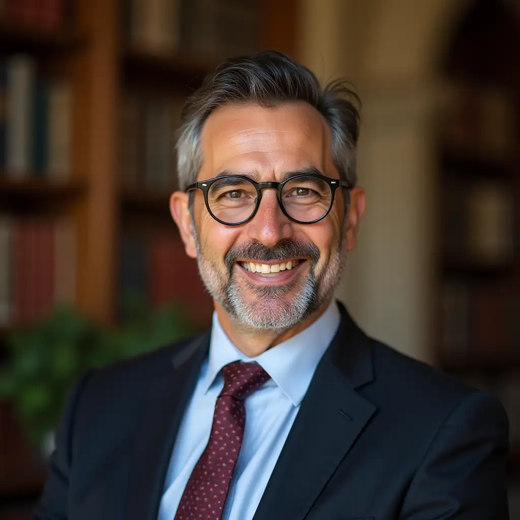 University administrative staff with tuscan gardens or library academic background. centered in frame. Close-up view showing head and upper torso. Realistic photographic style. Natural professional front light like a professional photo in a studio. Italian man with glasses.