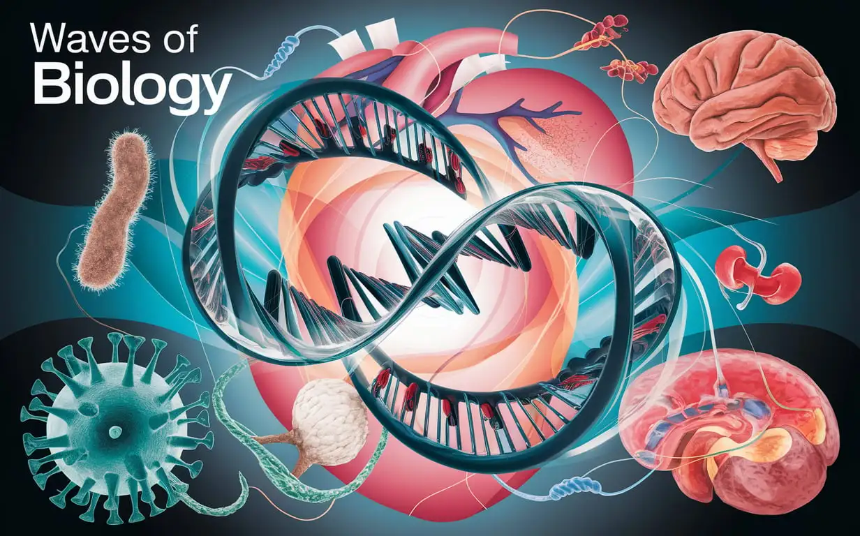 Design a coverpage with name 'Waves of Biology' include DNA, BACTERIA, viruses brain heart kidney etc