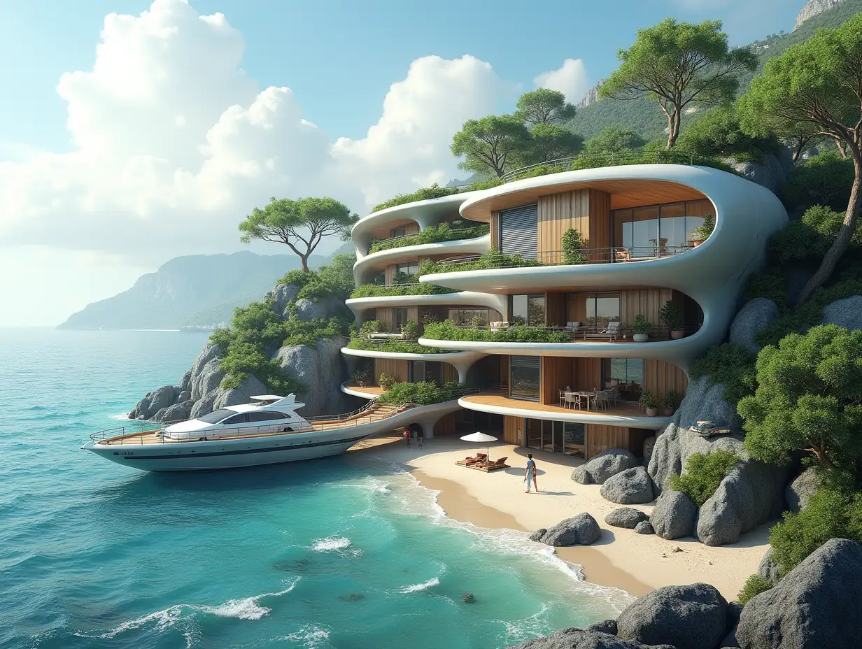 Create a high-resolution, realistic panoramic image of a futuristic terrace building with snail-house windows with bridge, a yacht and a small beach with people, many plants and gray and brown facades with sea with waves, large trees, cloudy