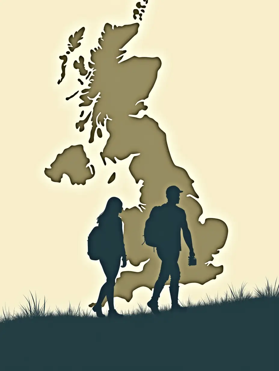 Silhouette of Couple Backpacking Across England Map