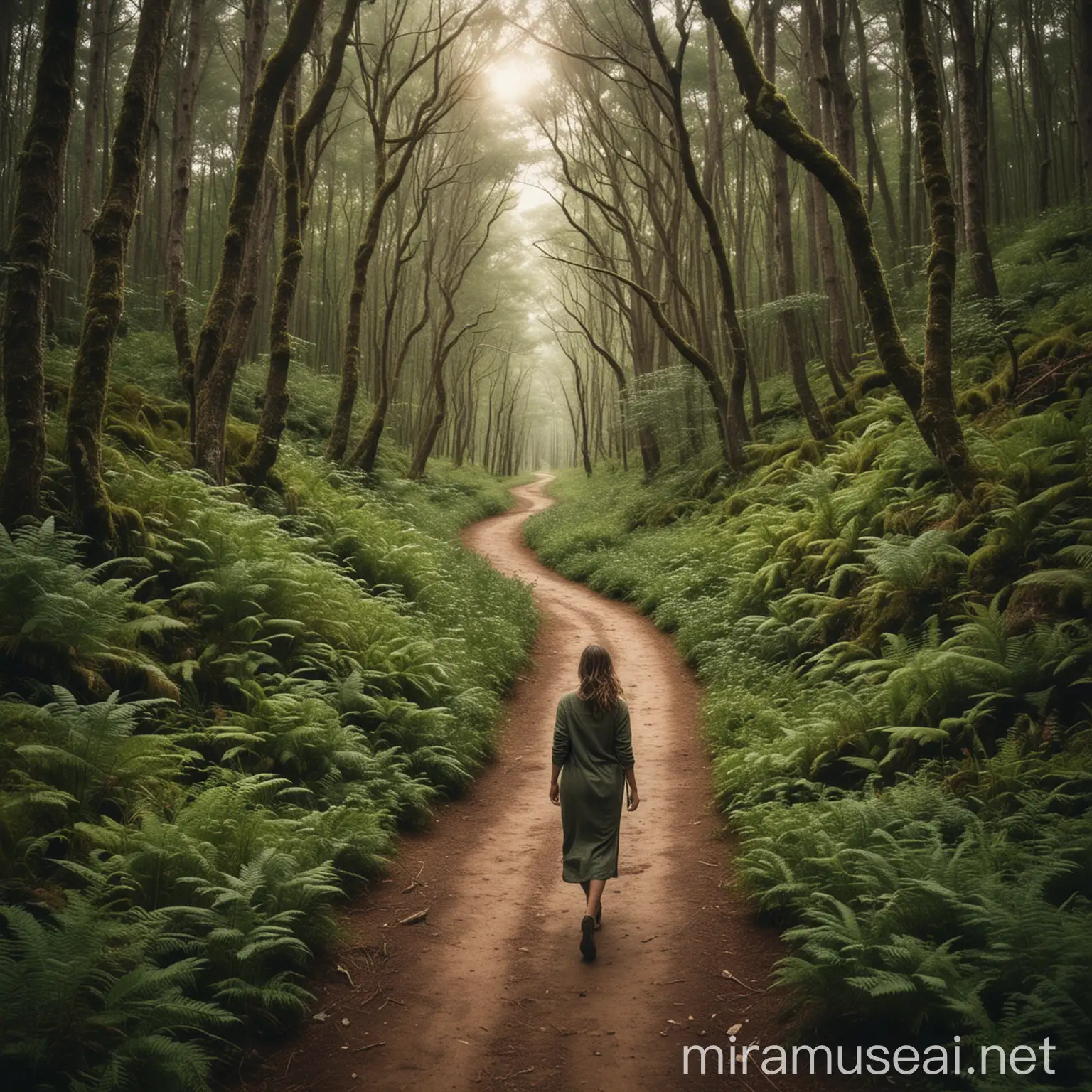 Woman Embracing the Journey on Winding Forest Path