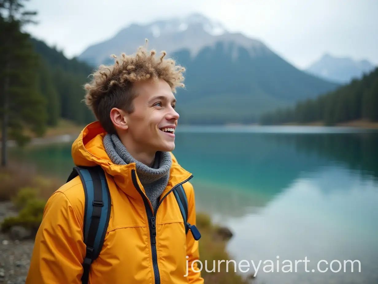 Handsome-Male-Traveler-in-Bright-Jacket-Enjoying-Nature-by-a-Lake