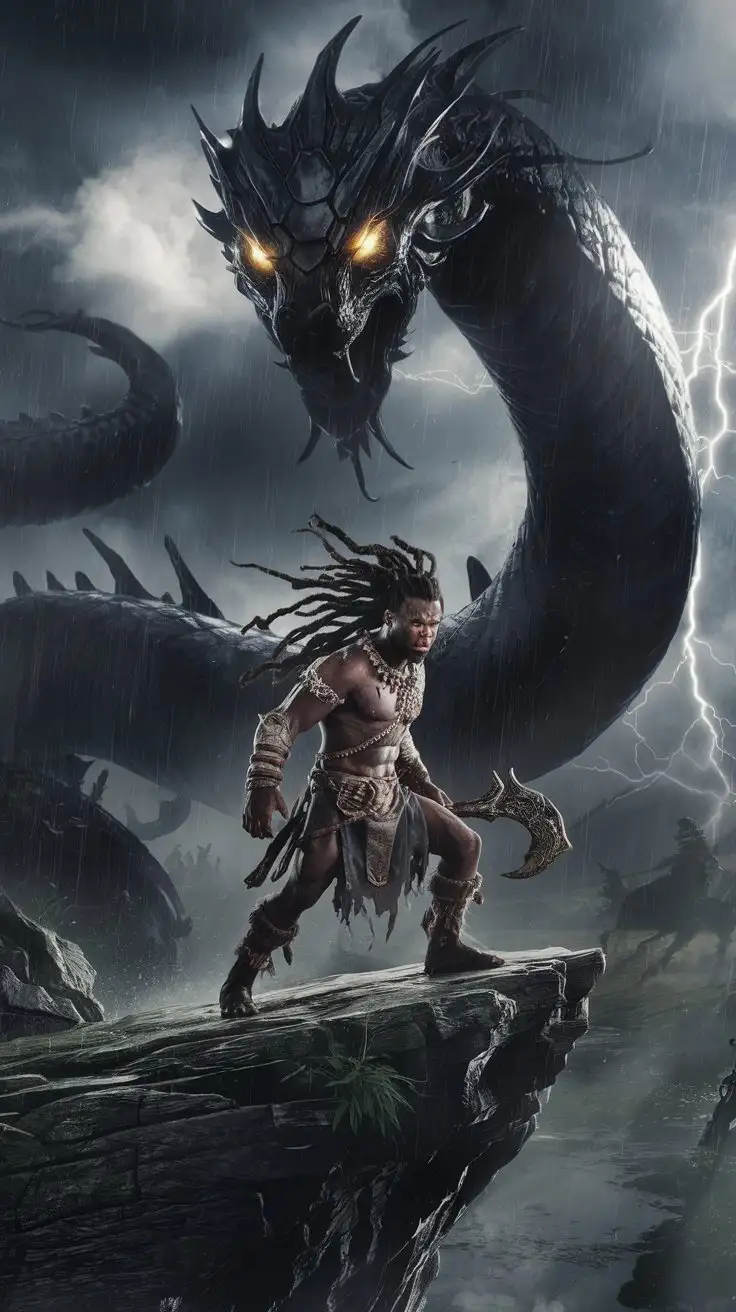 A dark and stormy battlefield, rain pouring heavily from the sky, with lightning crackling in the background. A massive, ancient black serpent with glowing golden eyes looms over the scene, its gigantic body coiling through the stormy clouds...