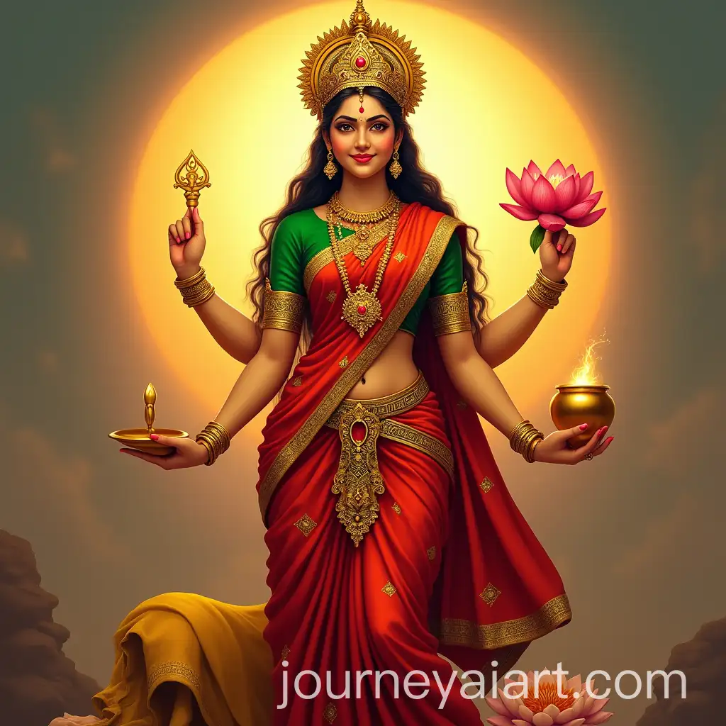 Hindu-Goddess-Lakshmi-in-Red-Saree-with-Four-Arms-Lotus-and-Gold-Pot