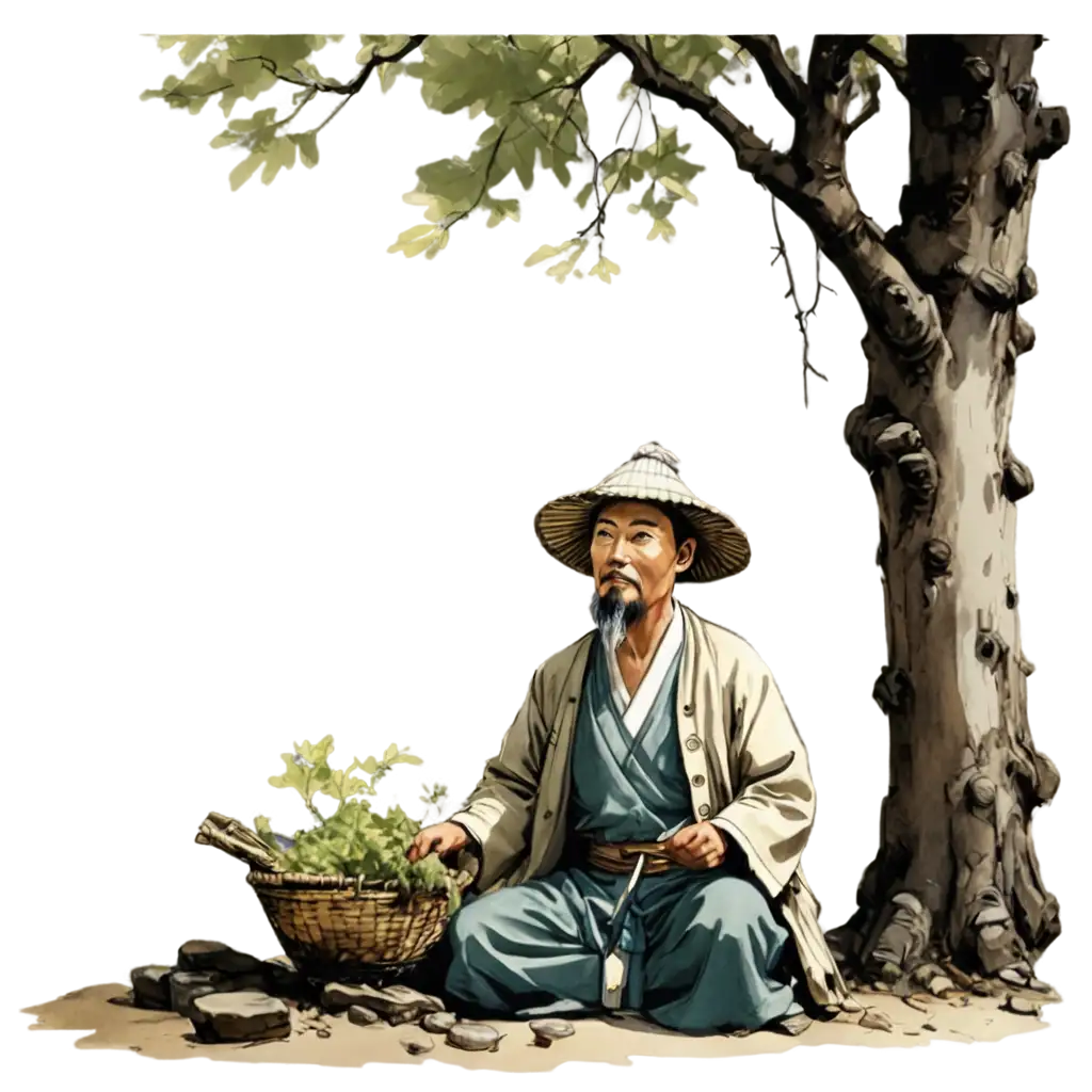 an ancient china farmer sitting under a tree, cartton style