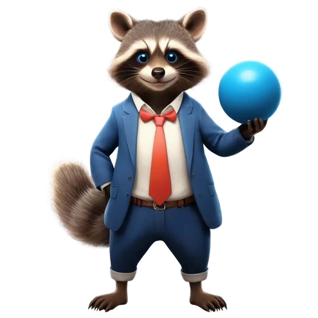 A rich cartoon raccoon in clothes holds a blue ball in his hands