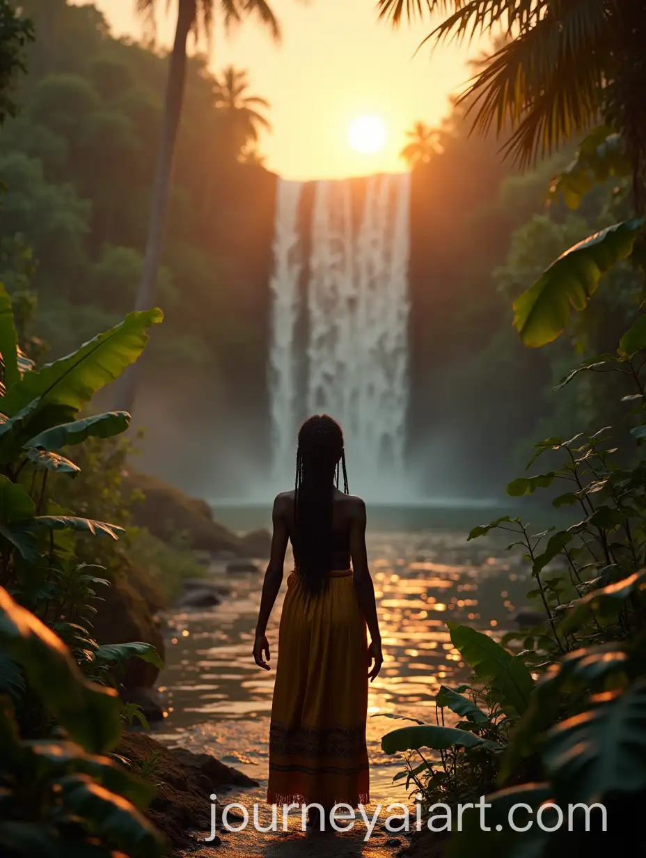AfAI-Image-Prompt-ExpansionroAmerican-Woman-Walking-Toward-Tropical-Waterfall-in-Sunset-Jungle-Setting
