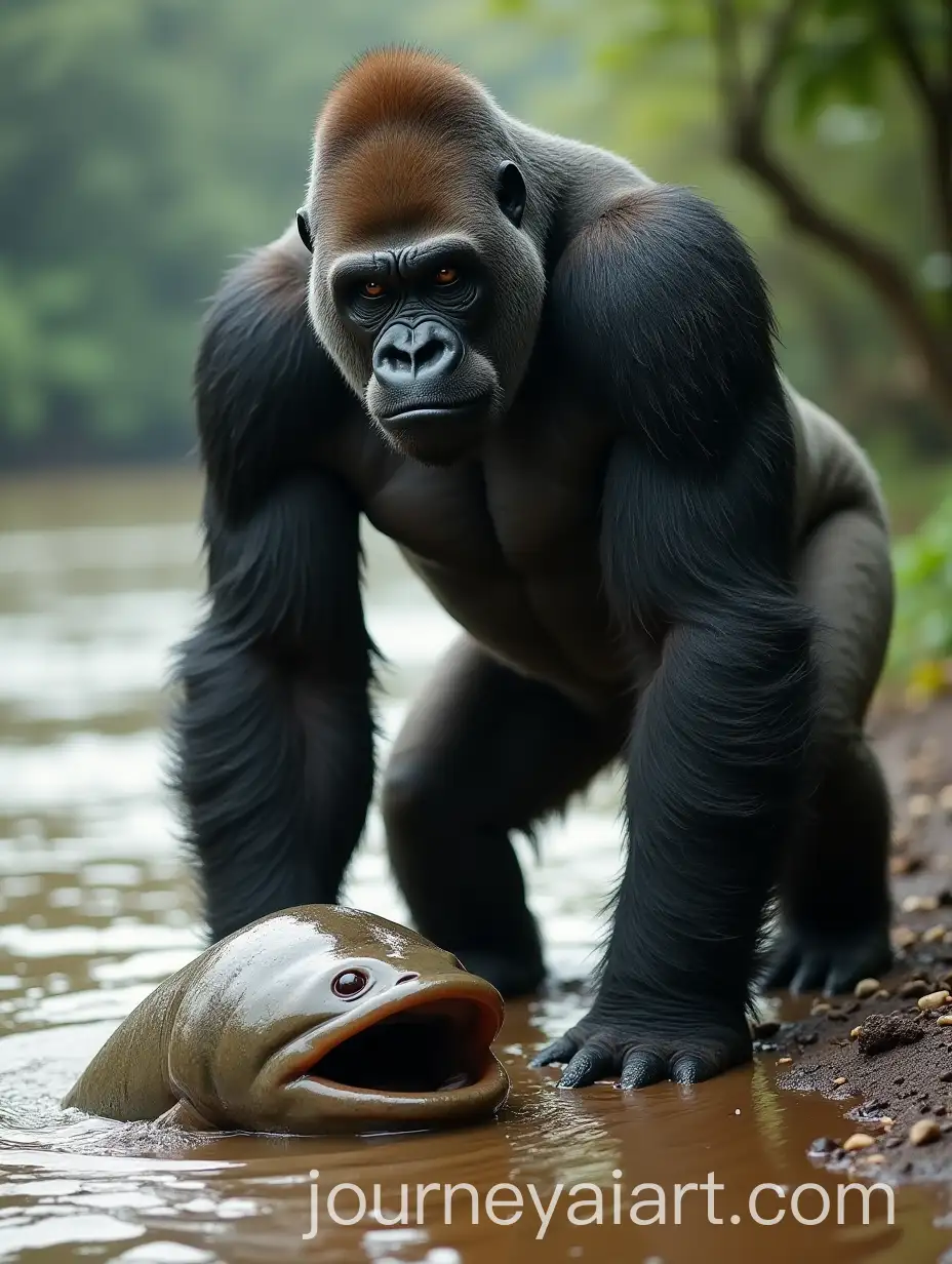 Gorilla-Standing-Over-Mudfish-at-Riverbank