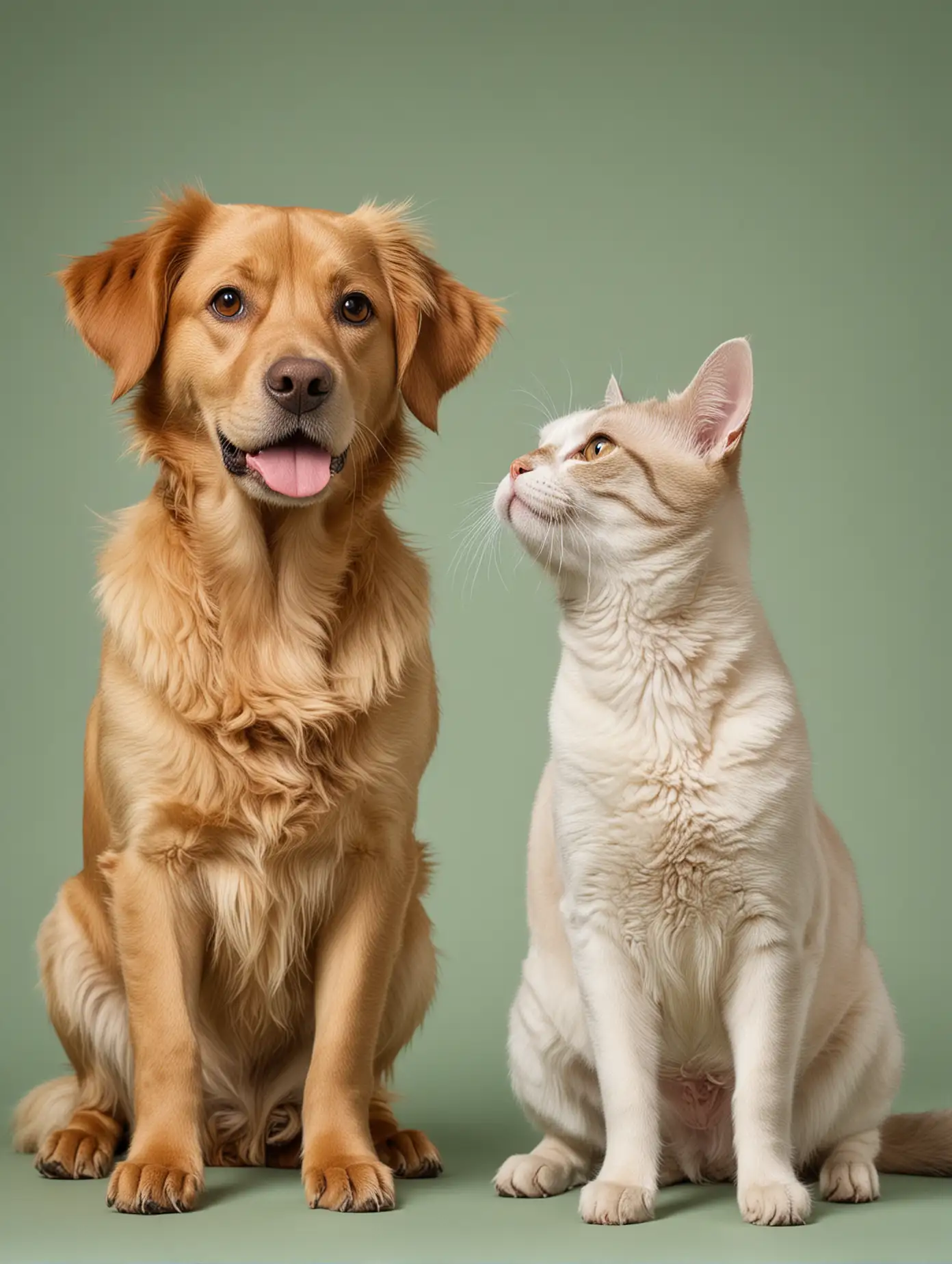 A stroking cat and dog, with a single-colored background behind