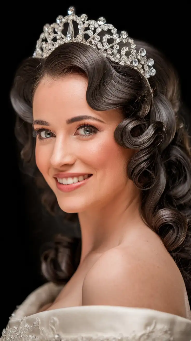 Bride-with-Radiant-Smile-and-Glossy-Curly-Hair-in-Ballgown-Wedding-Dress