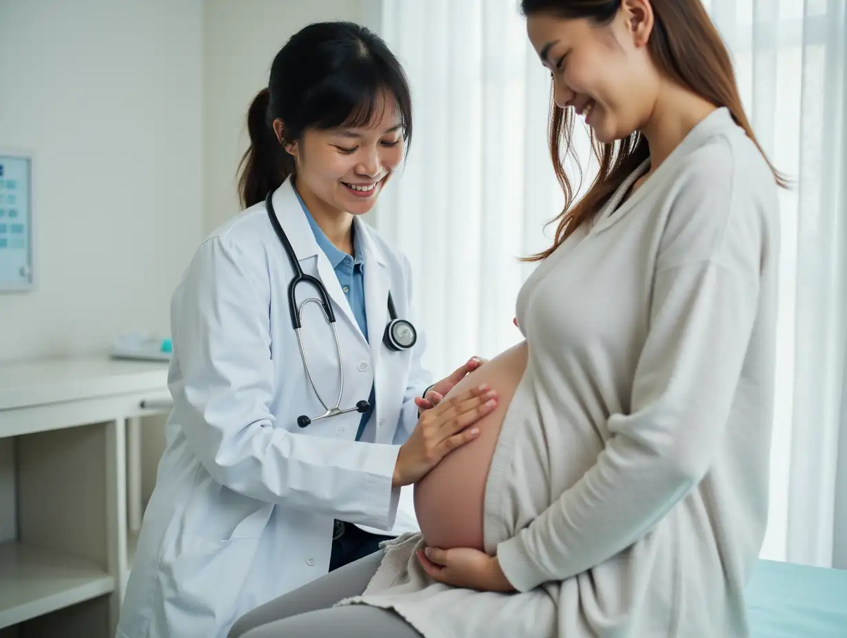 Asian female doctor listens to belly of pregnant mother during a prenatal exam in clinic. doctor provides caring advice, ensuring the health and happiness of the expecting mother and baby.