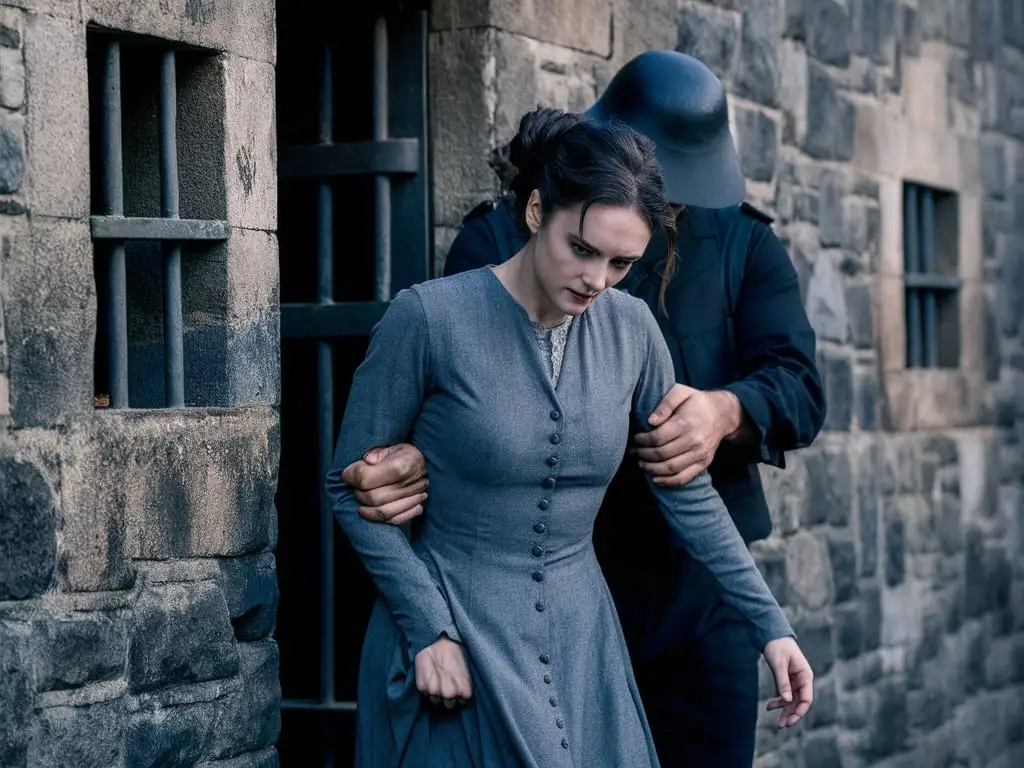 Historical Woman Exiting Prison Cell with Guard Escort