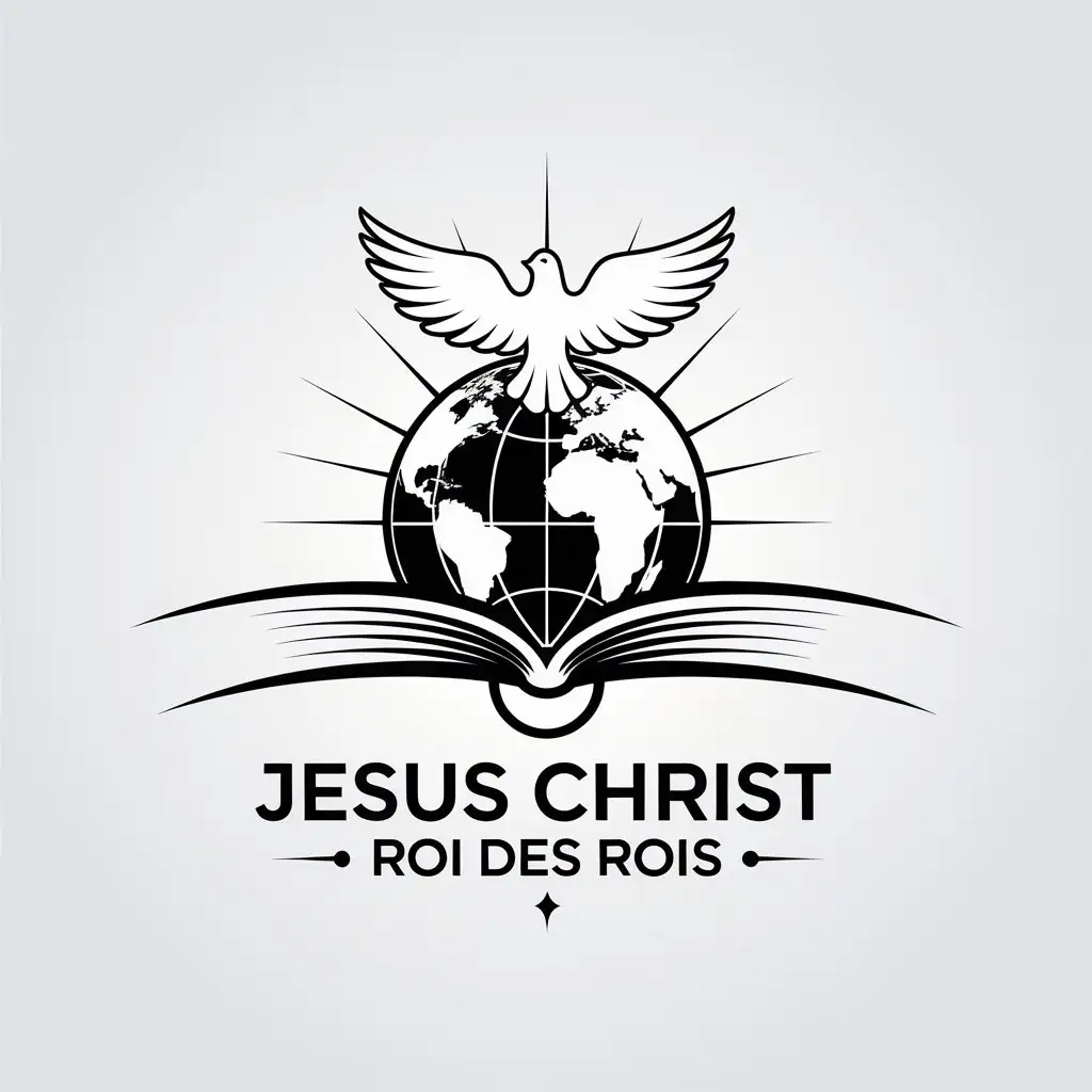 LOGO Design for Jesus Christ Roi des Rois Black and White with Open Book Dove Globe and Spiritual Symbolism