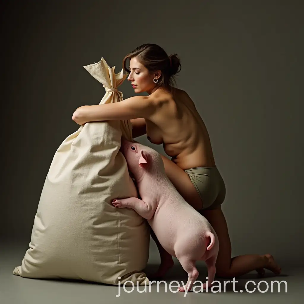 Woman-in-Pants-Sitting-on-a-Small-Pig-to-Force-It-into-a-Large-Fabric-Bag