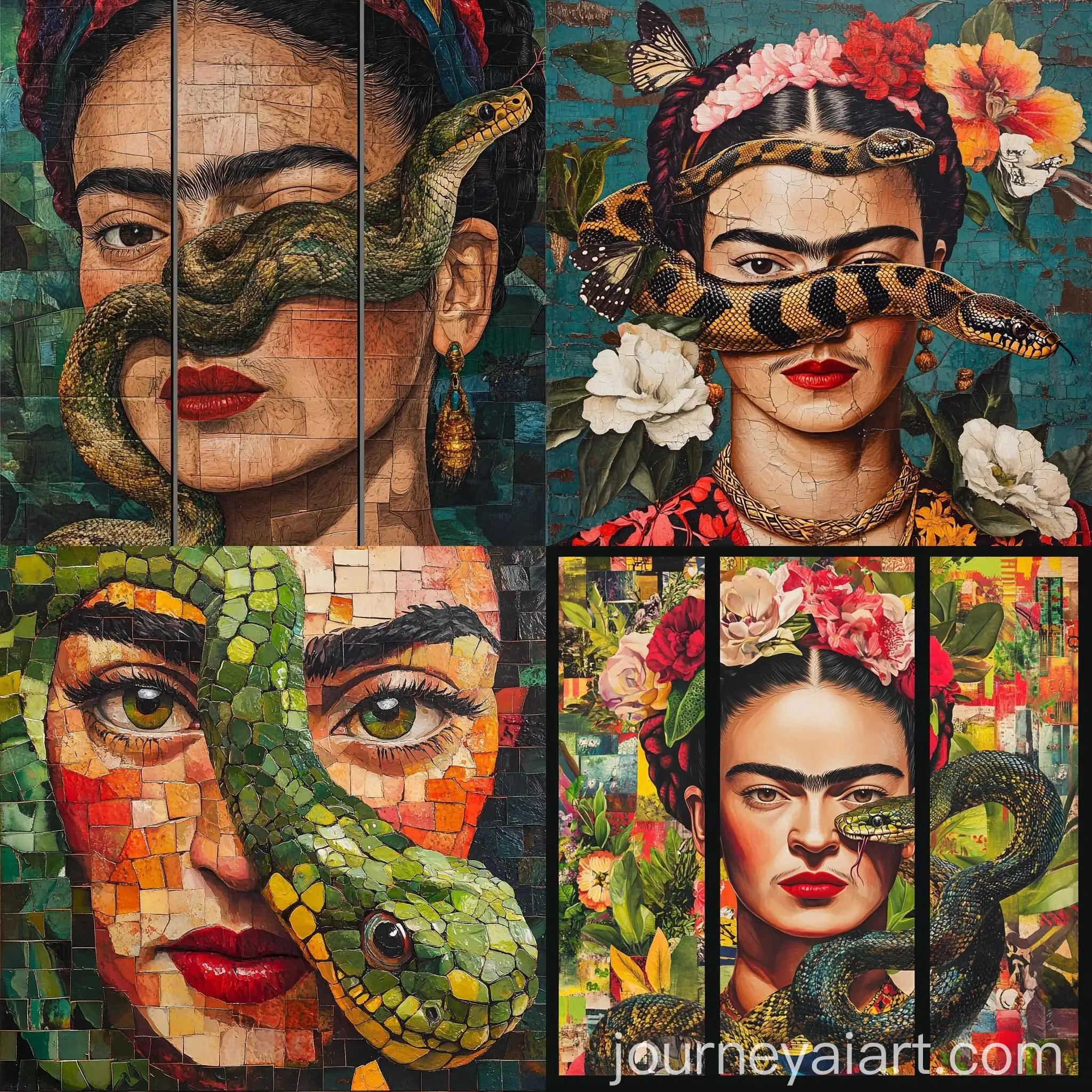 Frida-Kahlo-Style-Artwork-Python-Transforming-Inside-Chrysalis-in-Three-Grids