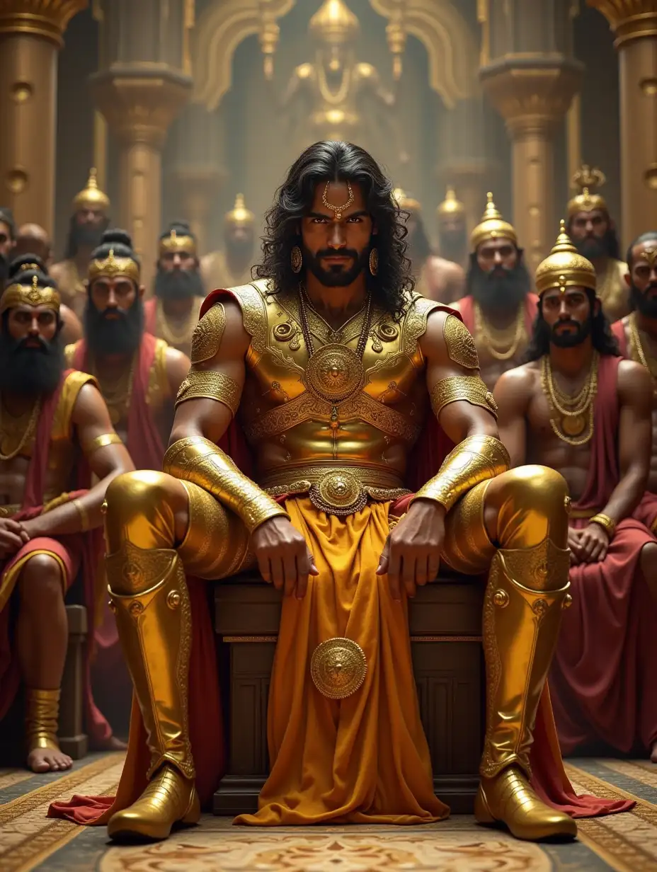 Karna-in-Golden-Armor-Seated-in-Royal-Indian-Palace-Court-with-Kauravas-and-Kings