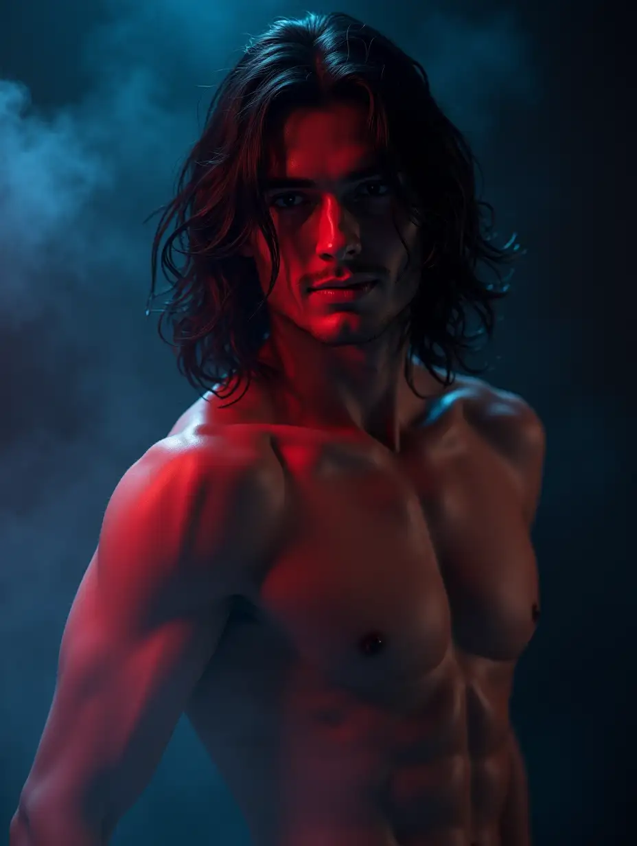 close-up, stunningly handsome young man, dancer with long black hair below his shoulders, topless, in jeans, well-defined clean-shaven face, inviting smile, close-up, darkness, clouds of neon mist and glare of light envelop him, dynamic dance pose, hyperdetalization, dynamic lighting face, unreal engine, octane rendering, hyperreality stunning beauty, lots of details that don't even exist, cinematic lighting, Luis Royo, Thomas Ryder, painting