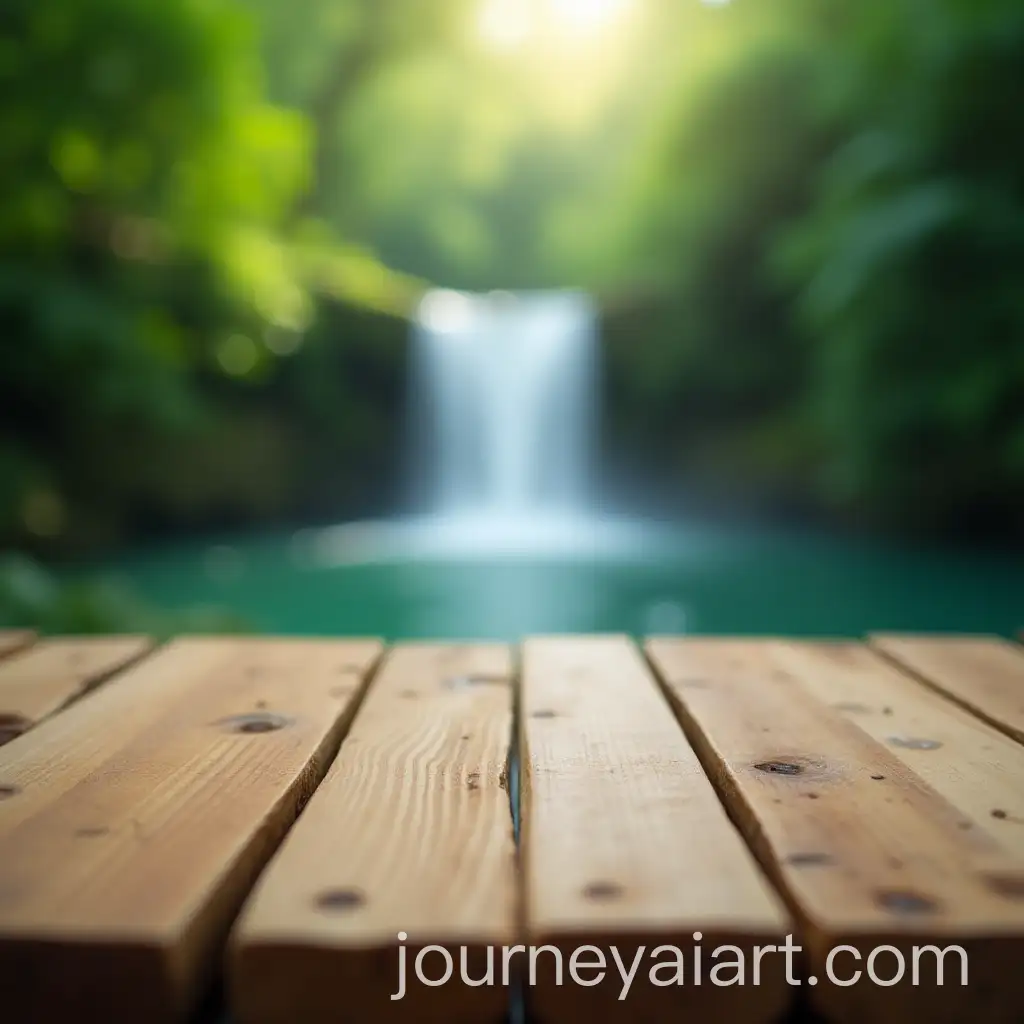 Macro-View-of-Wooden-Table-with-Waterfall-Background